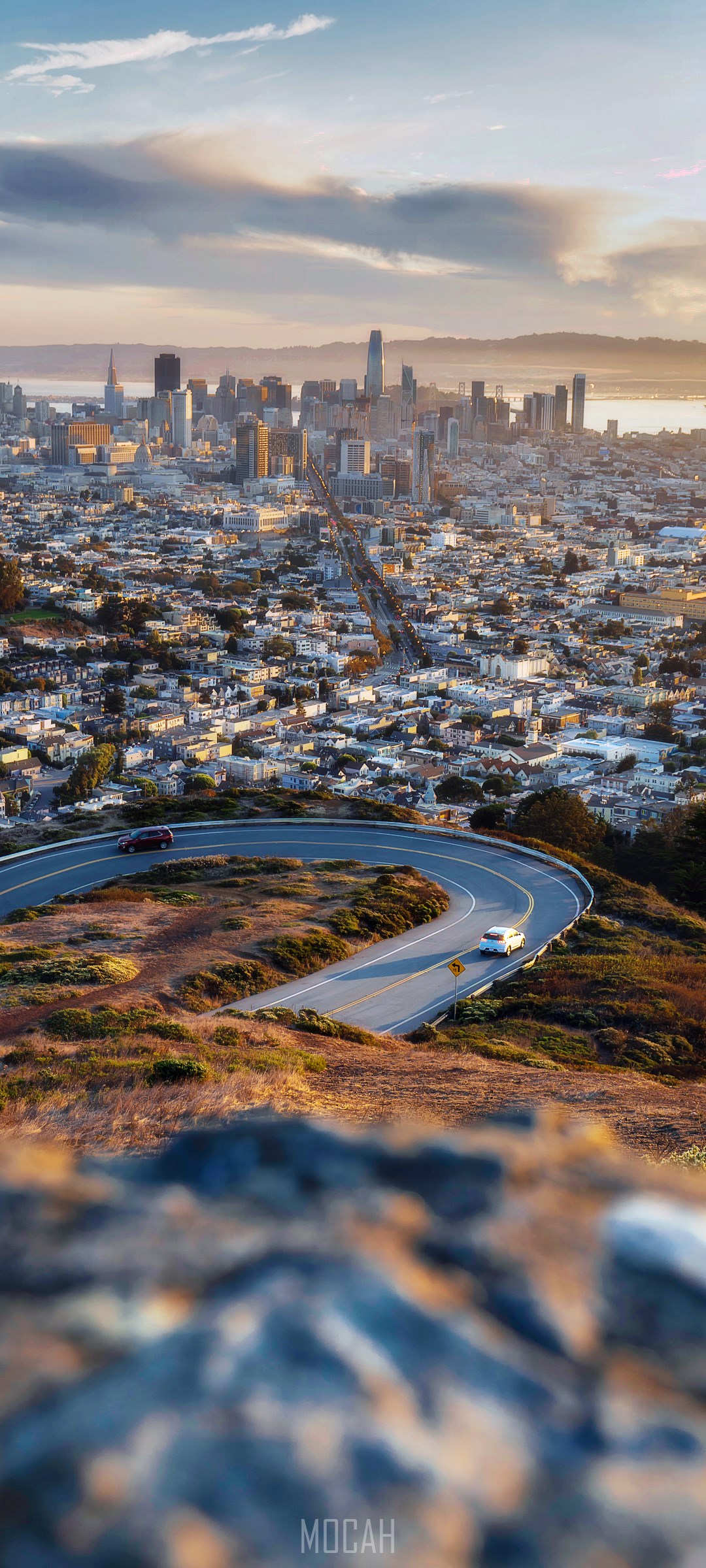 San Francisco cityscape with winding road and cars HD Phone Wallpaper