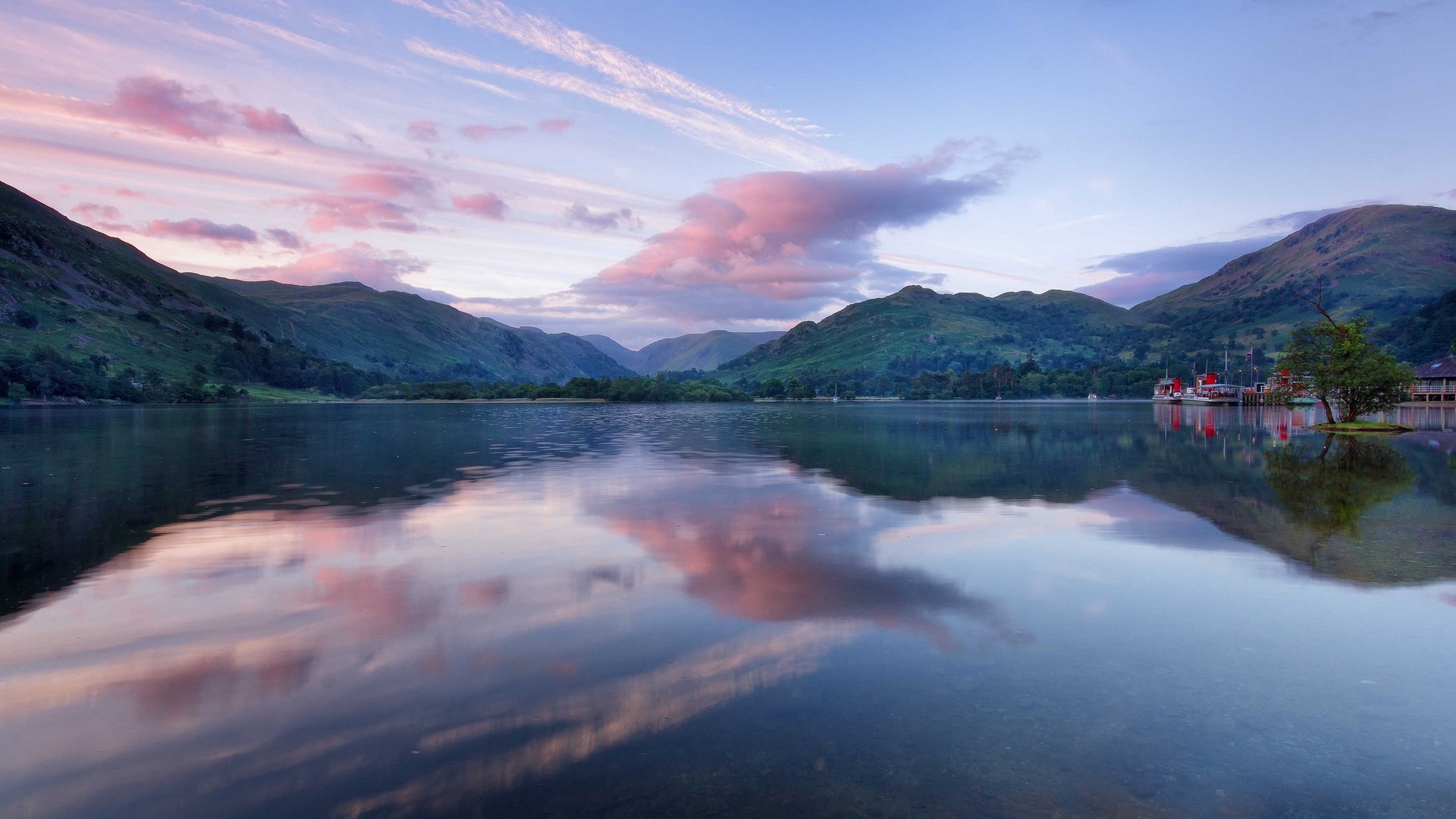 Lake and mountains at sunrise with pink clouds HD Wallpaper