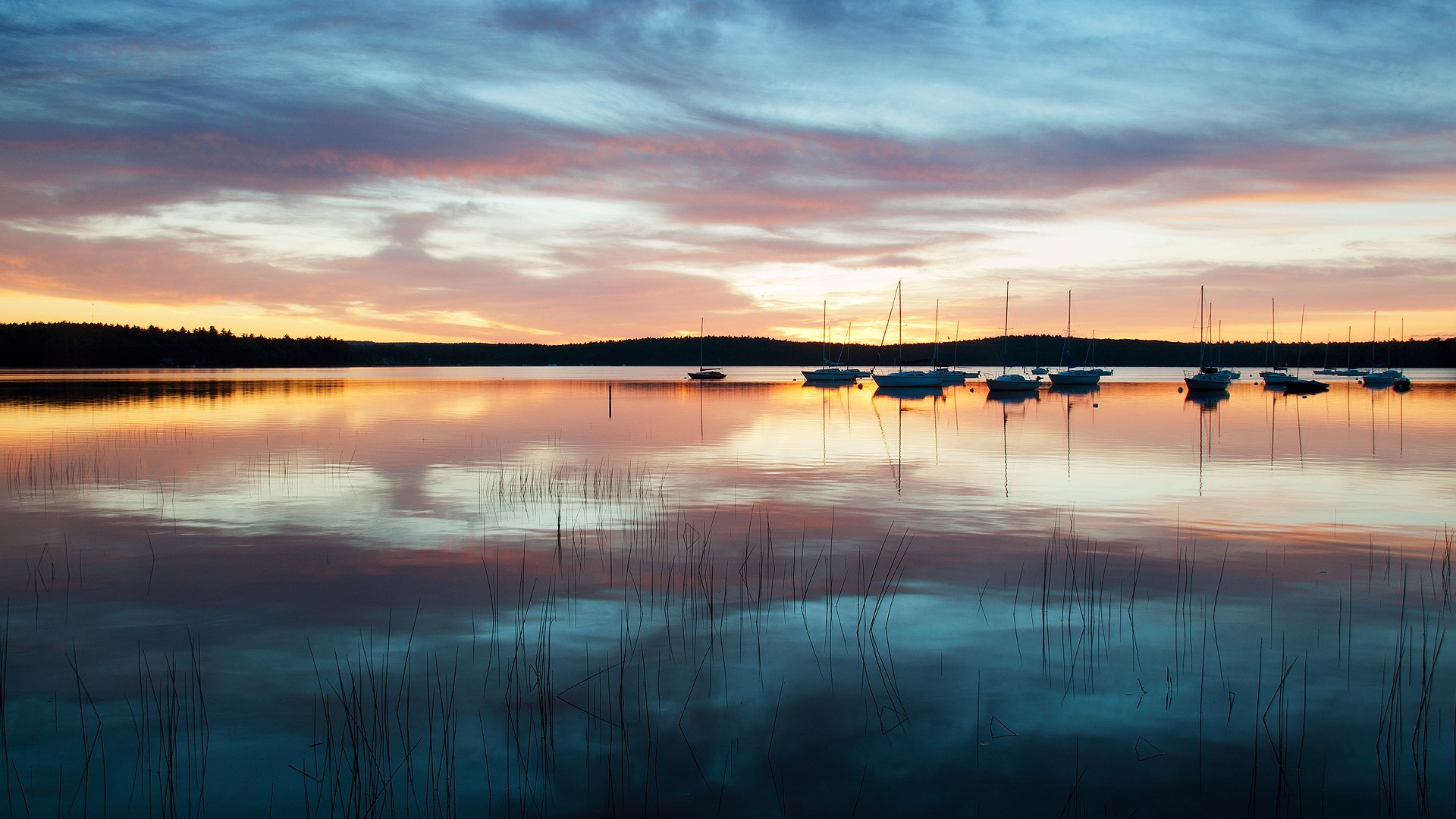 Sailboats on a lake at sunset HD Wallpaper