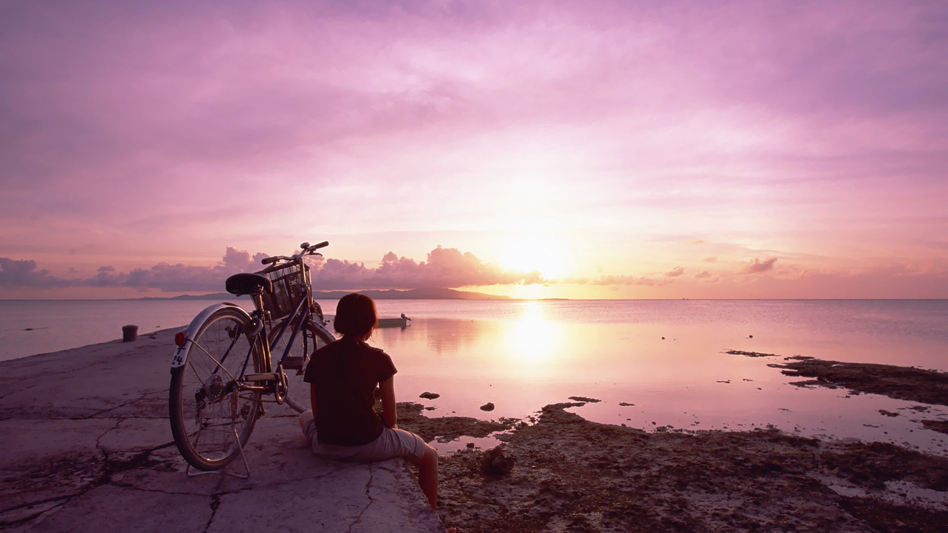 Person and bicycle watching sunset over the ocean HD Wallpaper