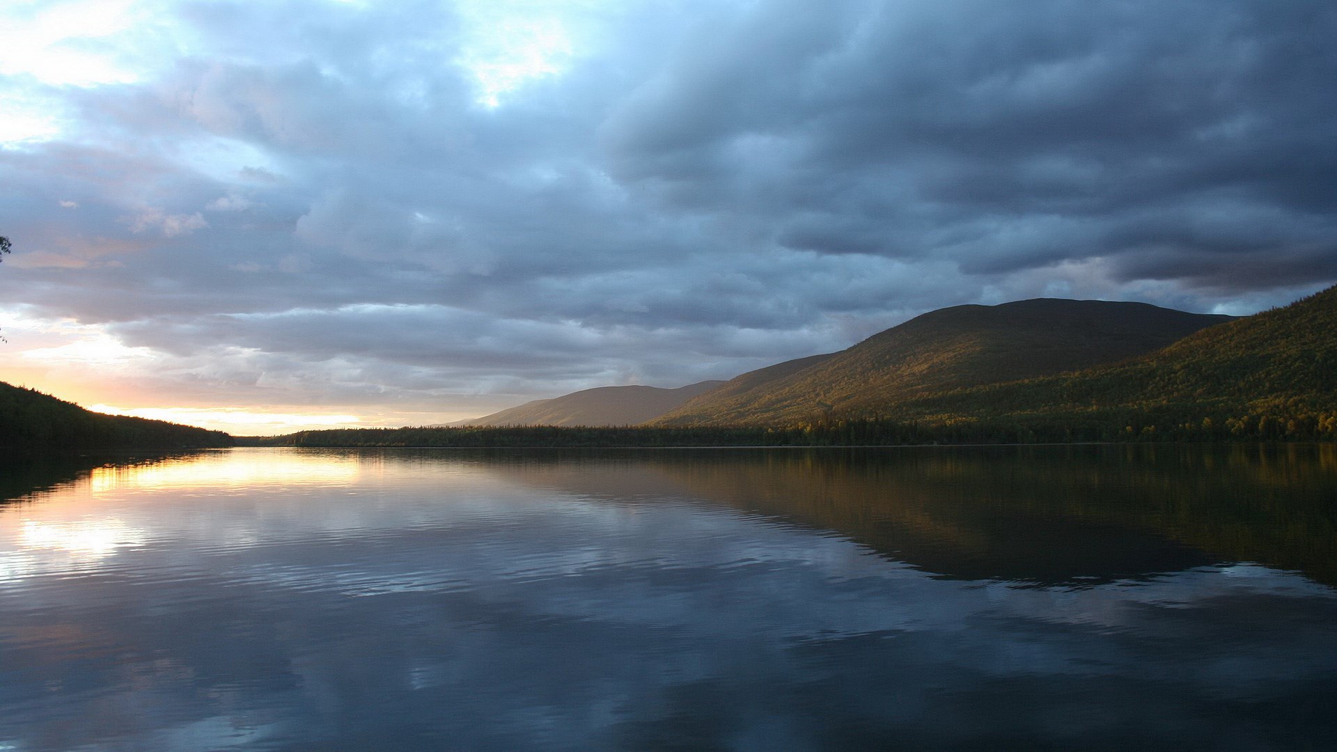 Lake and mountains at sunset with cloudy sky HD Wallpaper