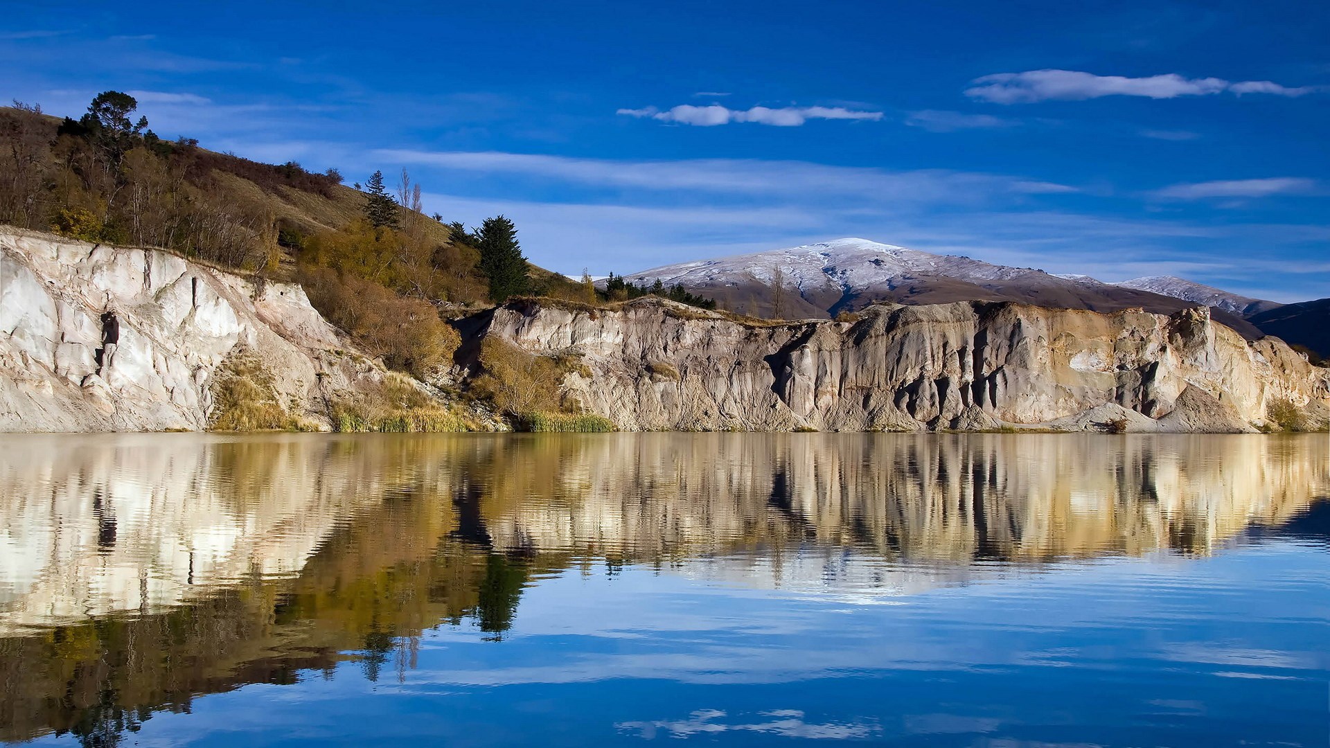Lake reflecting cliffs and snow-capped mountains HD Wallpaper