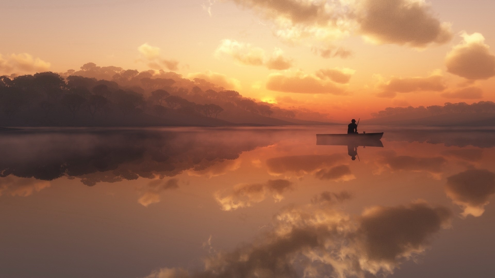 Man in a boat on a lake at sunset HD Wallpaper