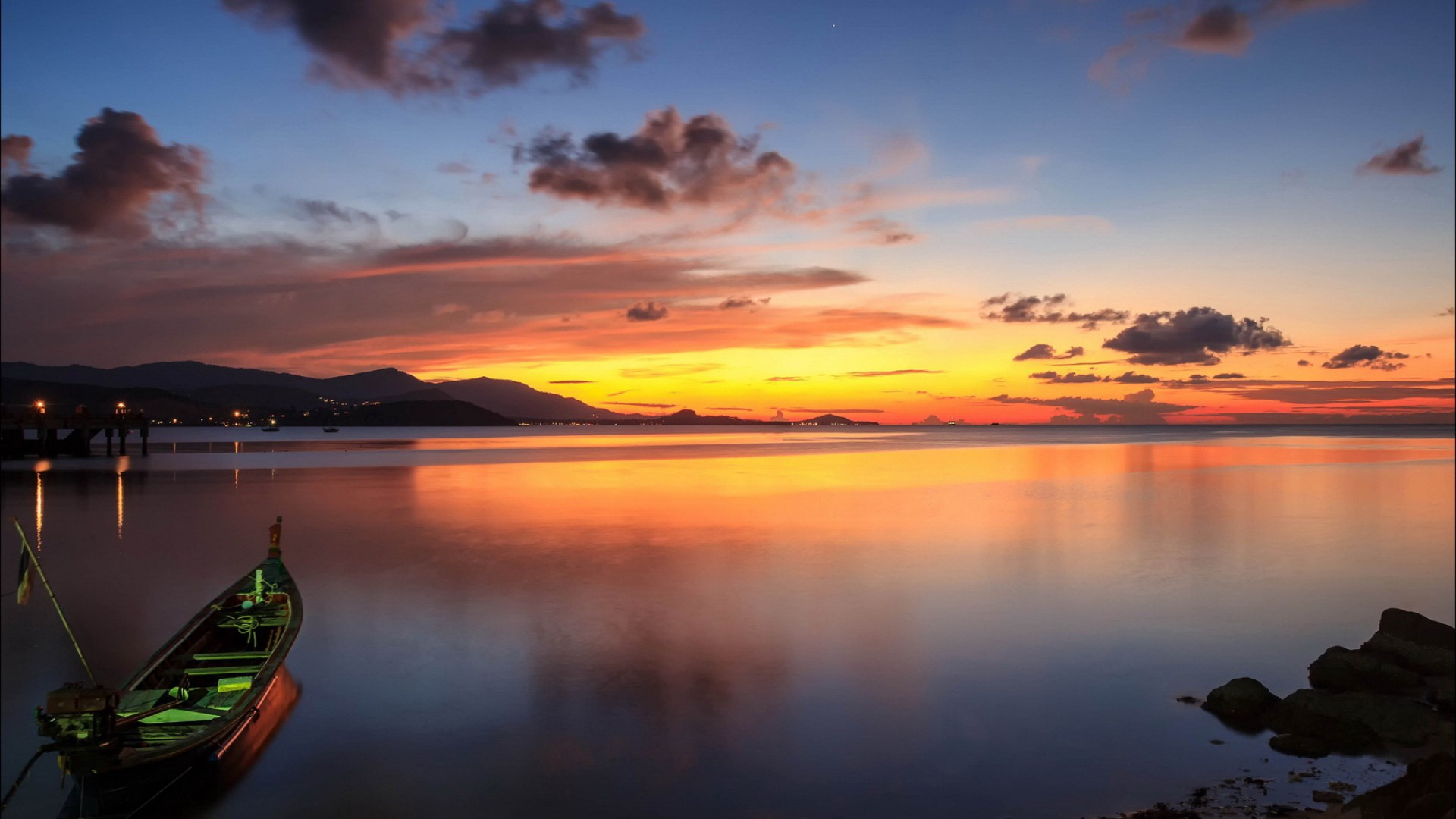 Boat on calm water during sunset HD Wallpaper