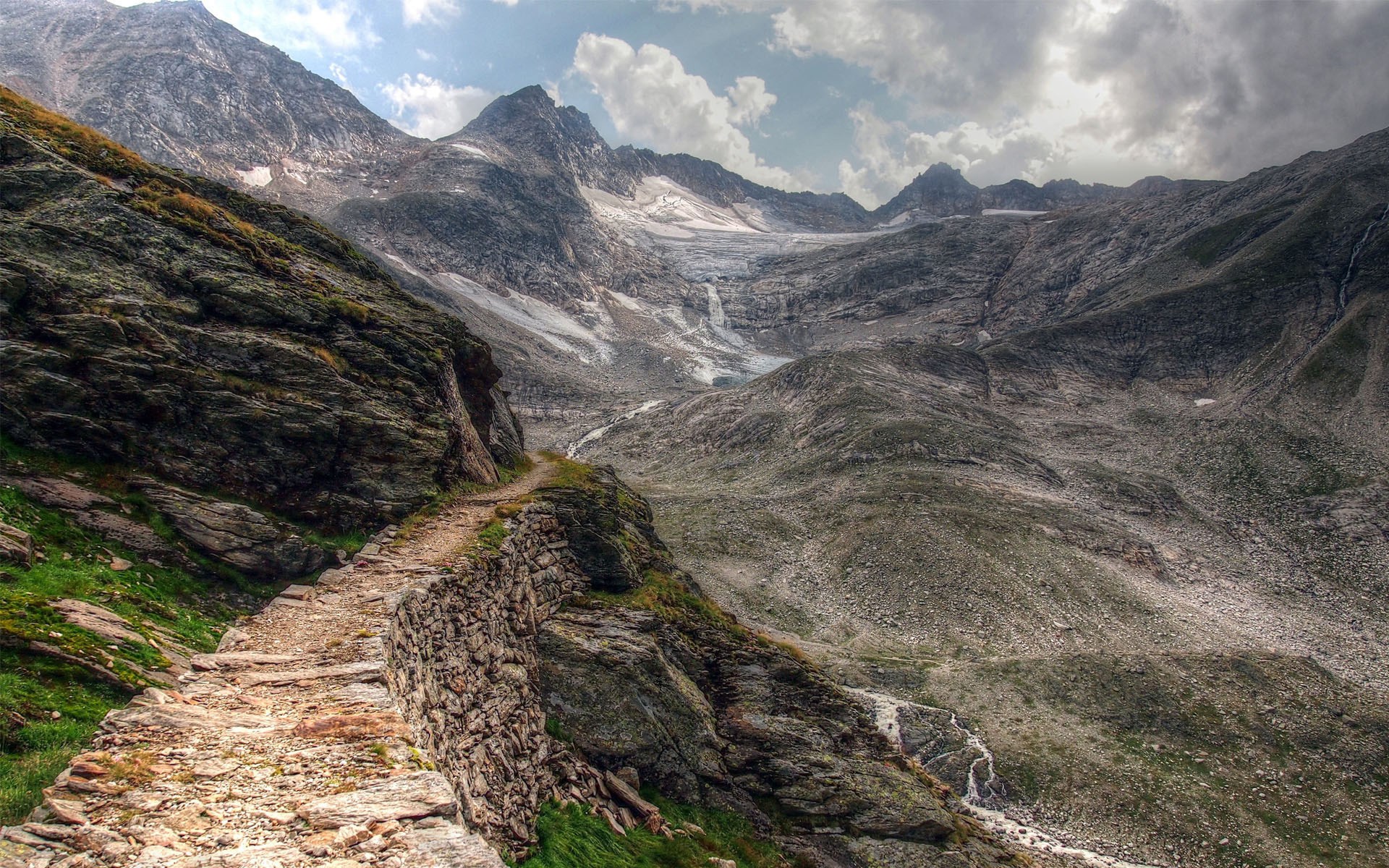 Stone path along a mountain with a glacier HD Wallpaper