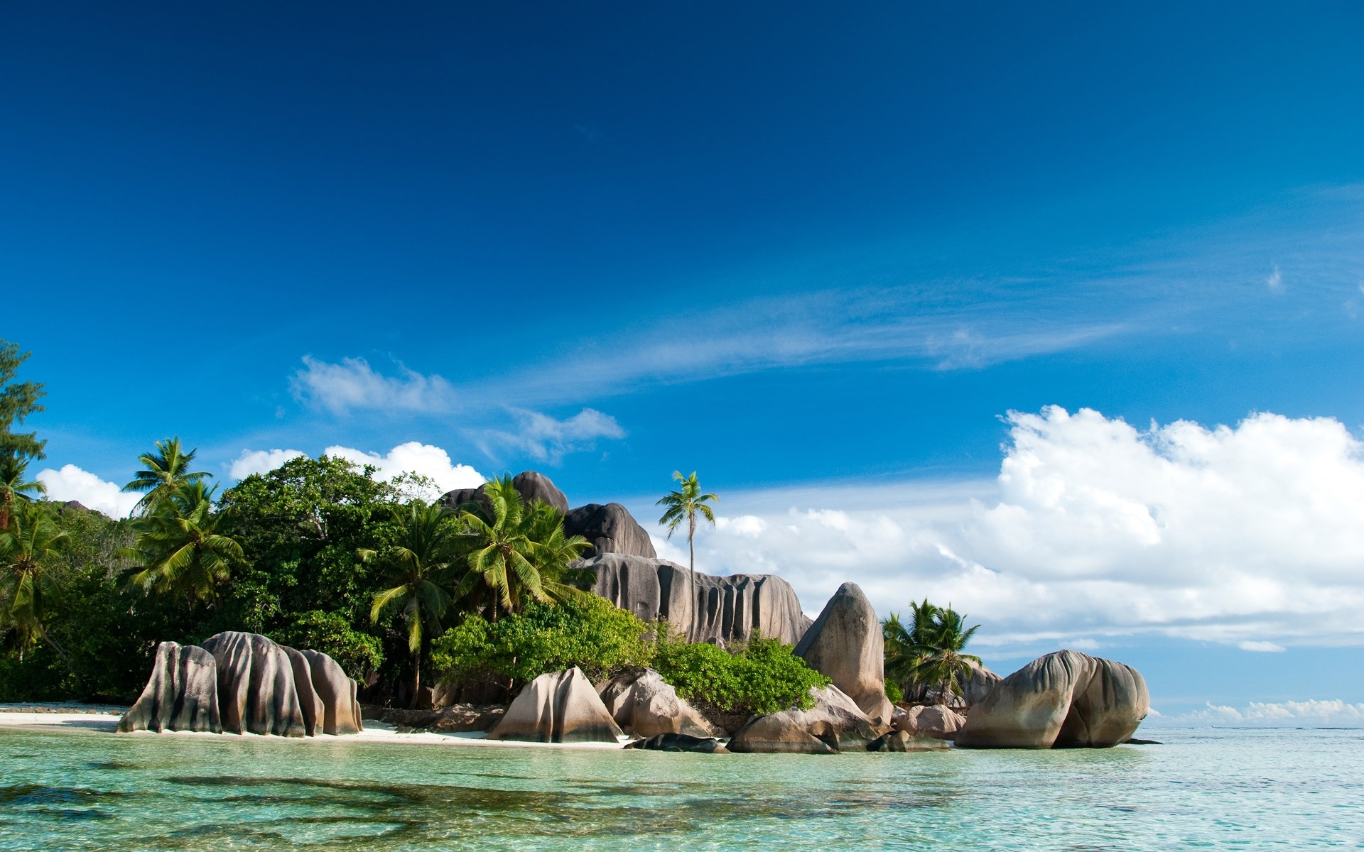 Tropical island with granite boulders and palm trees HD Wallpaper