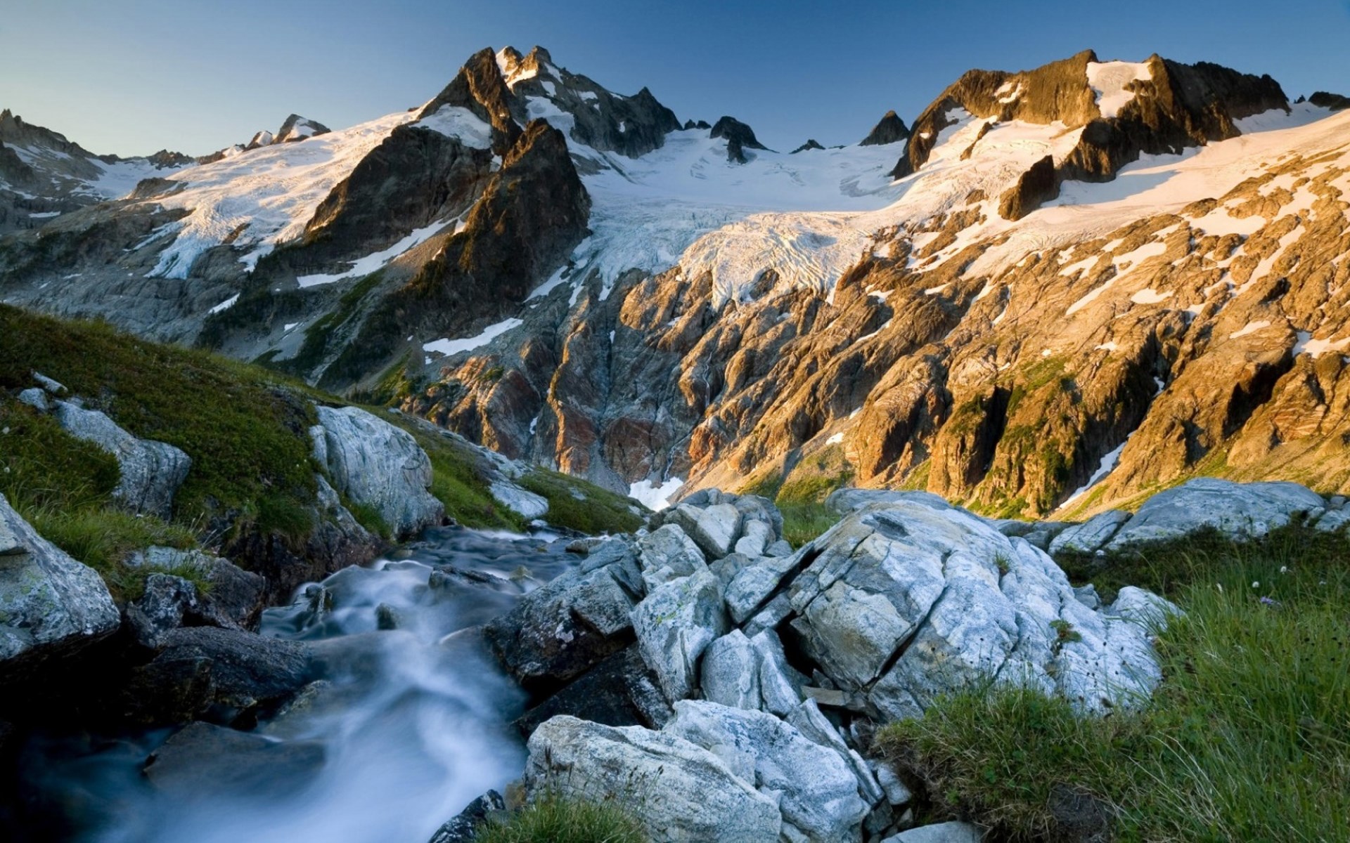 Mountain range with glacier and stream HD Wallpaper