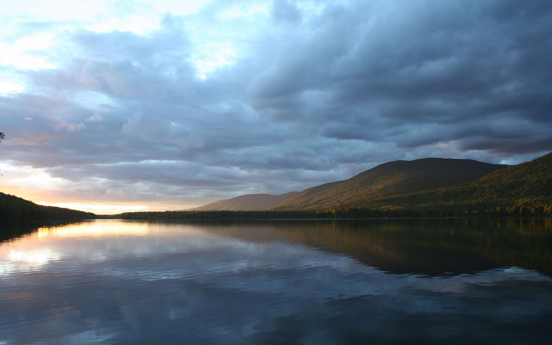 Lake and mountains at sunset with cloudy sky HD Wallpaper