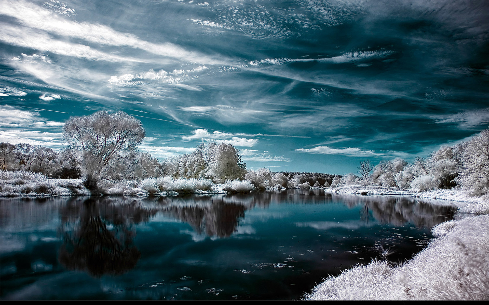 Infrared landscape with river and trees HD Wallpaper