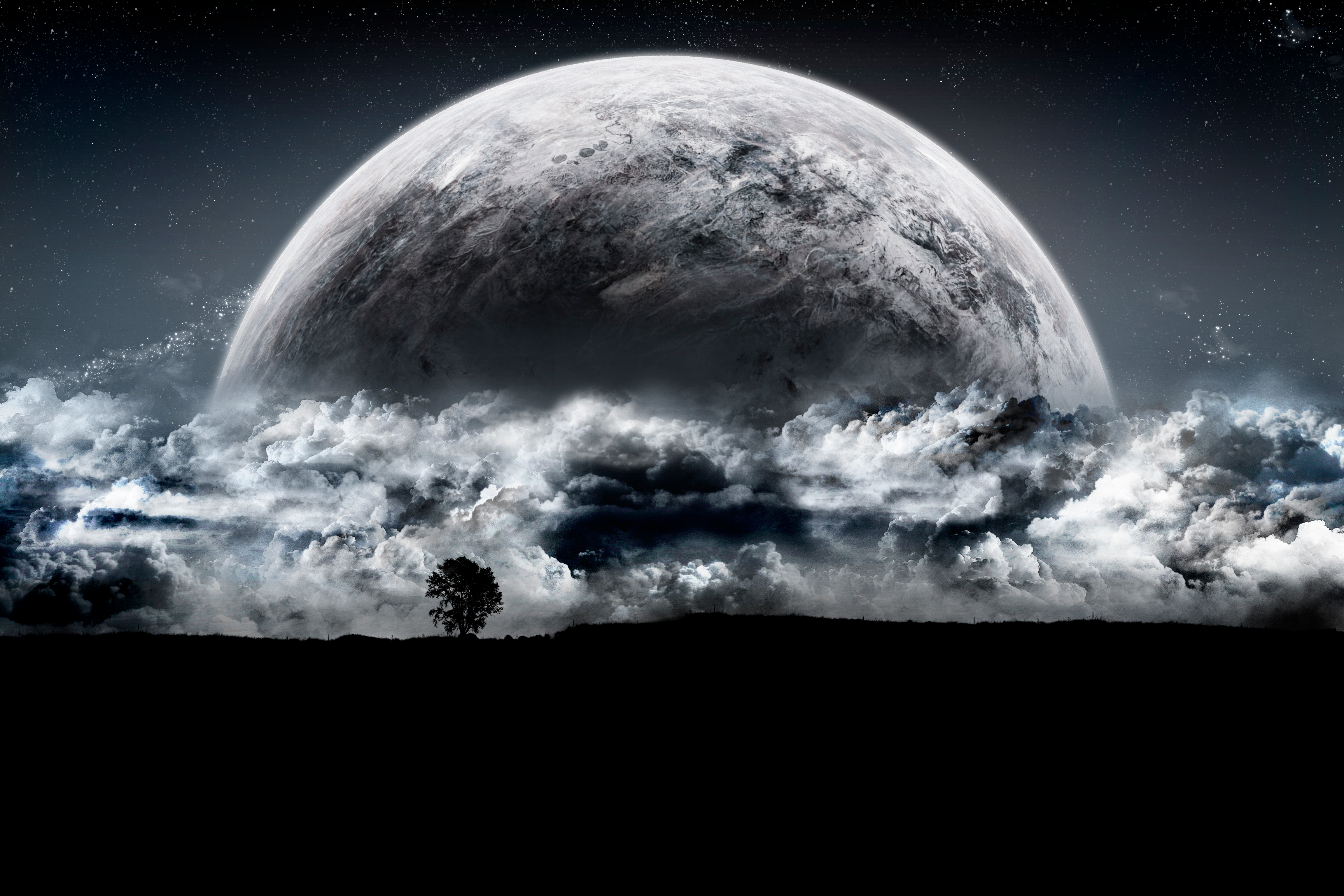 Planet rise over clouds with a lone tree HD Wallpaper