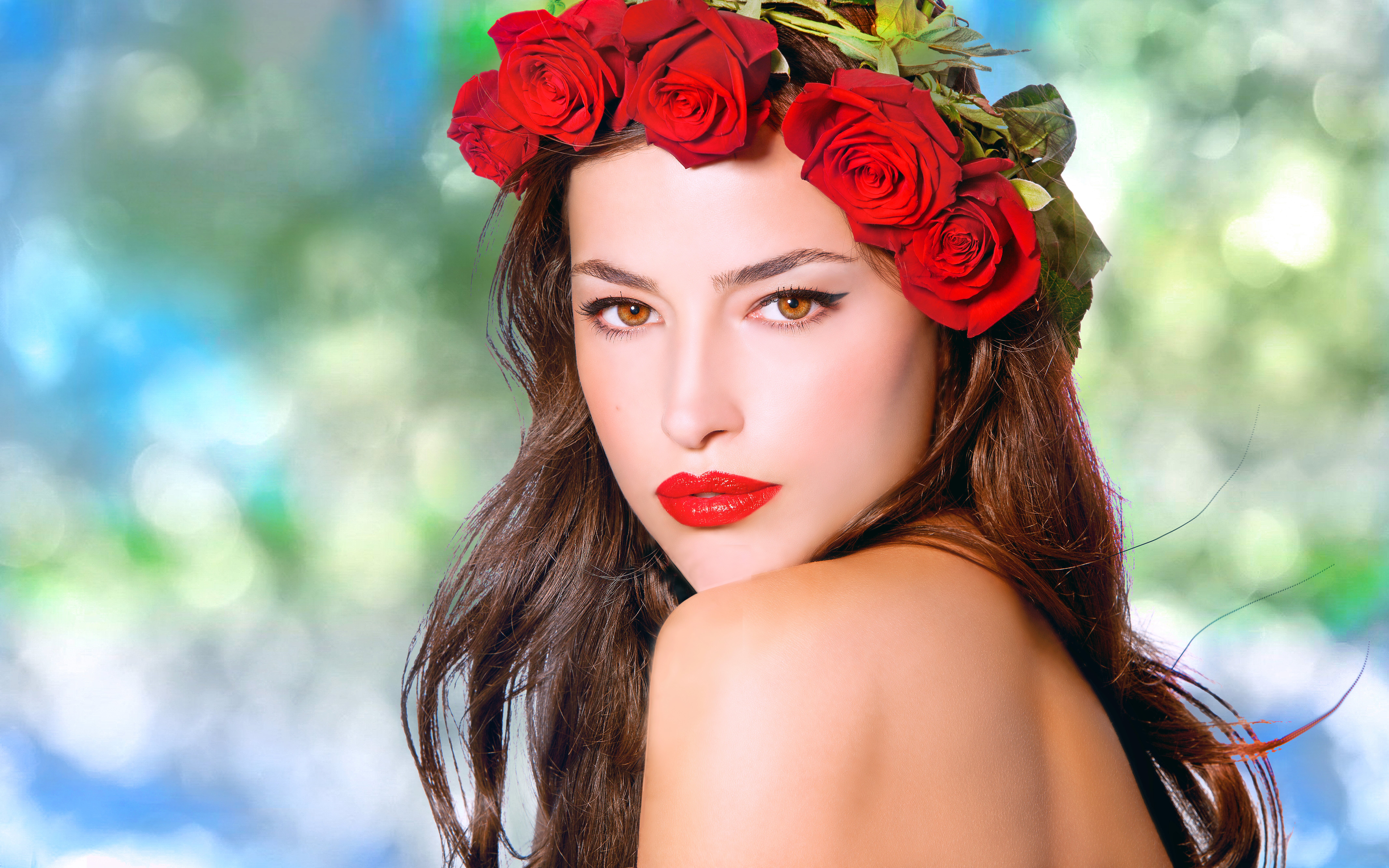 Woman with red rose crown and red lipstick HD Wallpaper