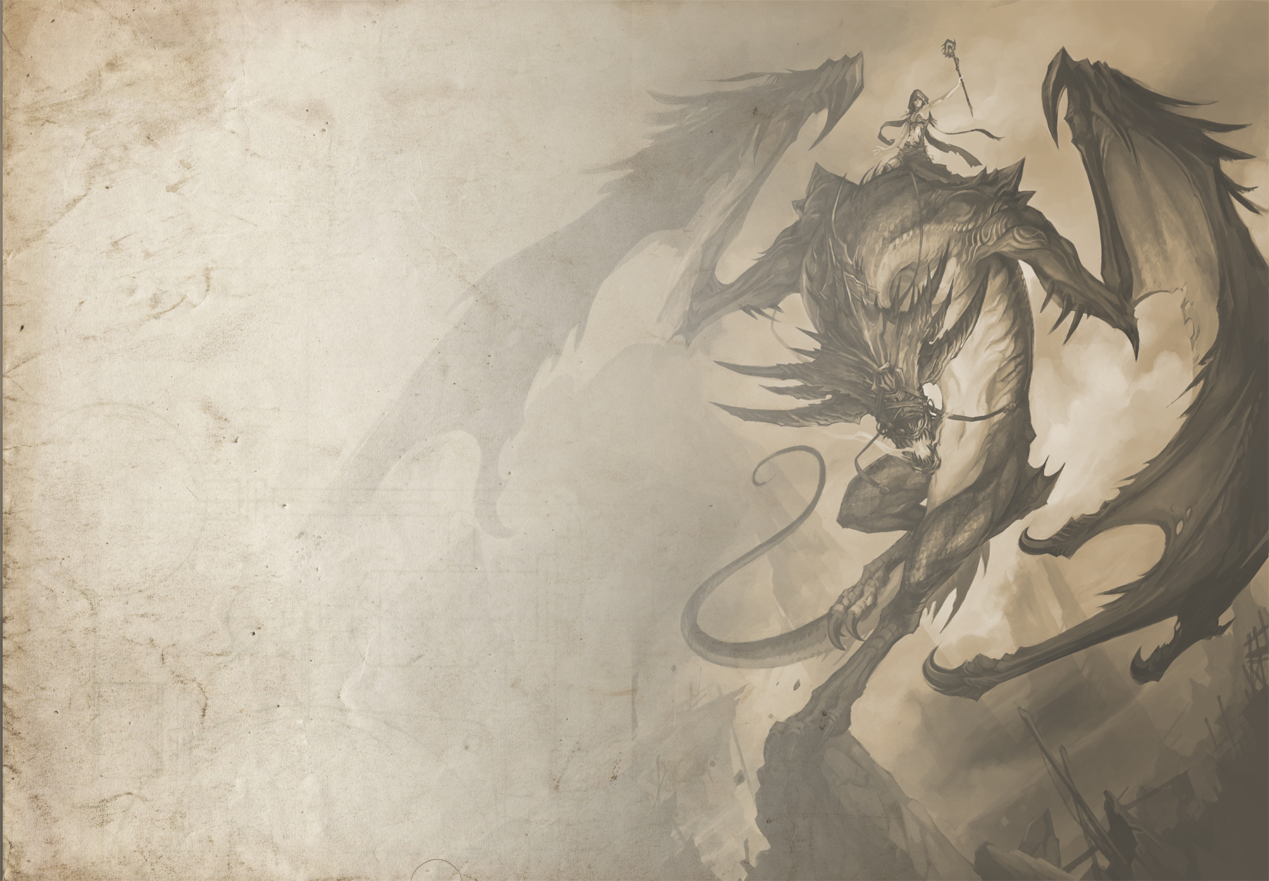 A woman rides a dragon with a staff HD Wallpaper