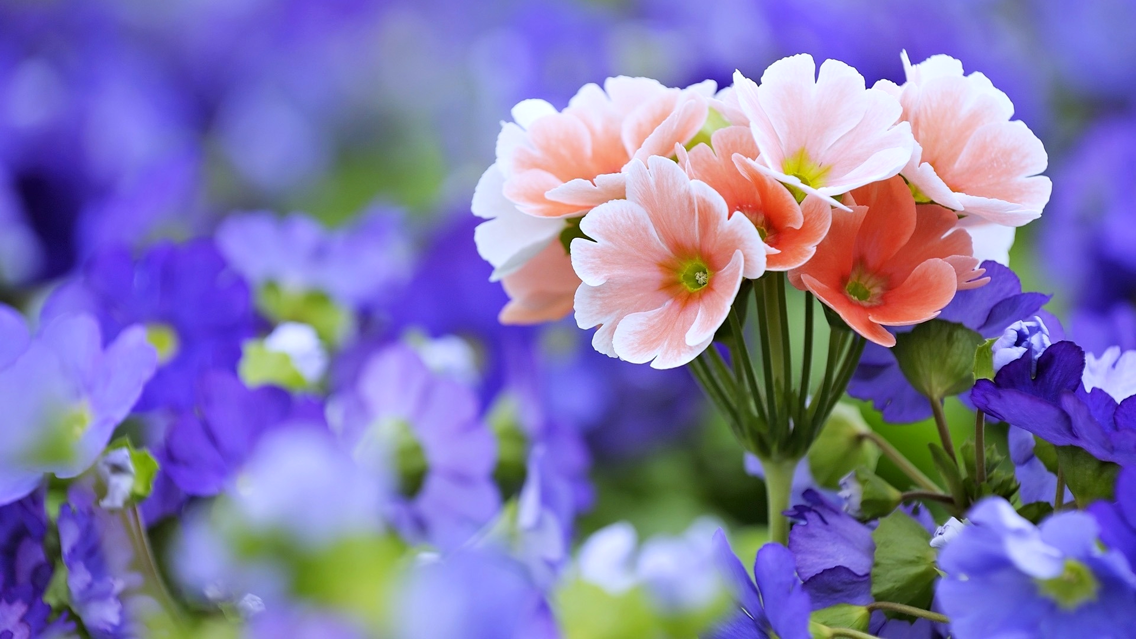 Pink and Orange Primroses with Blue Flowers HD Wallpaper