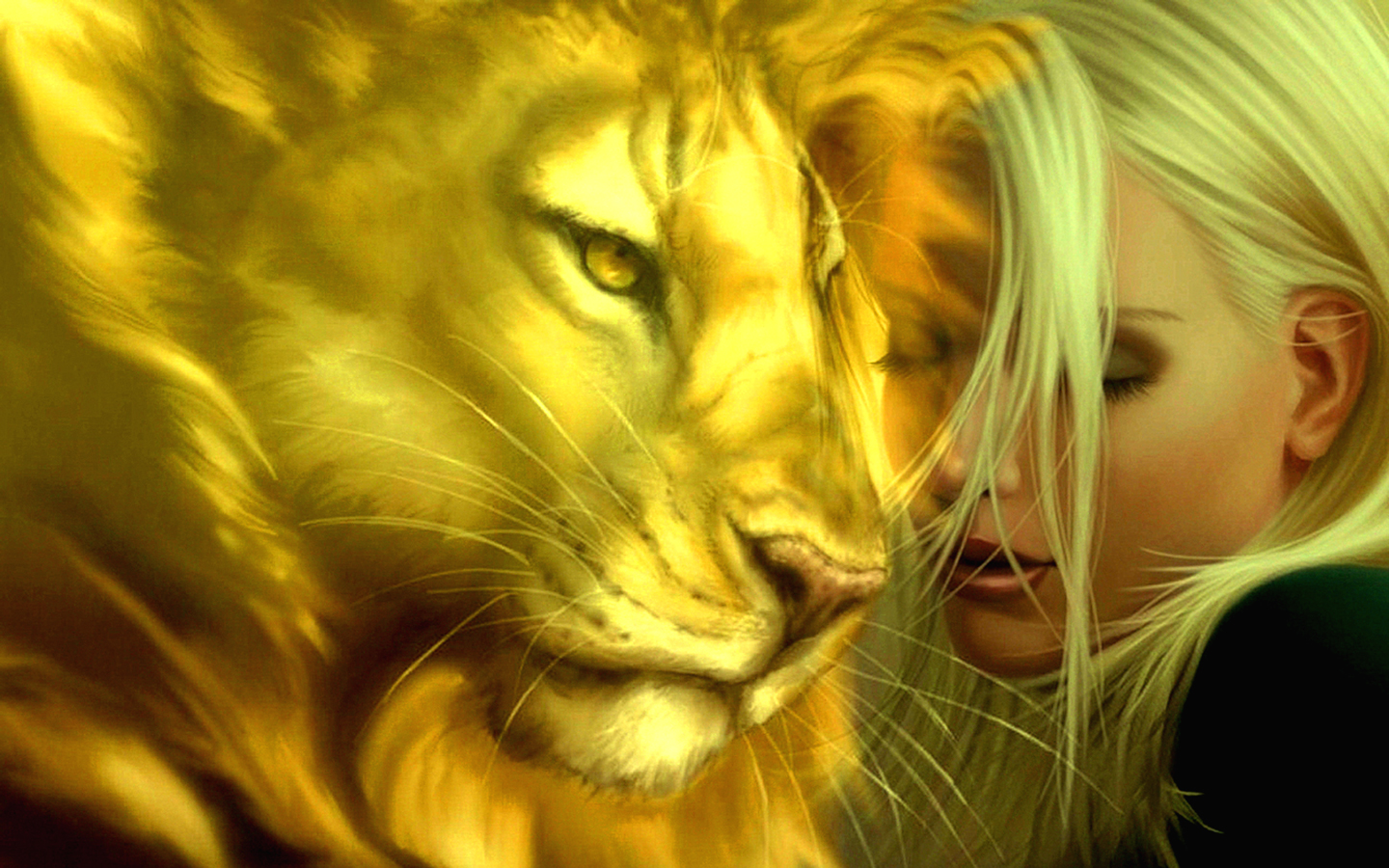 Golden Lion and Woman Fantasy Art HD Wallpaper