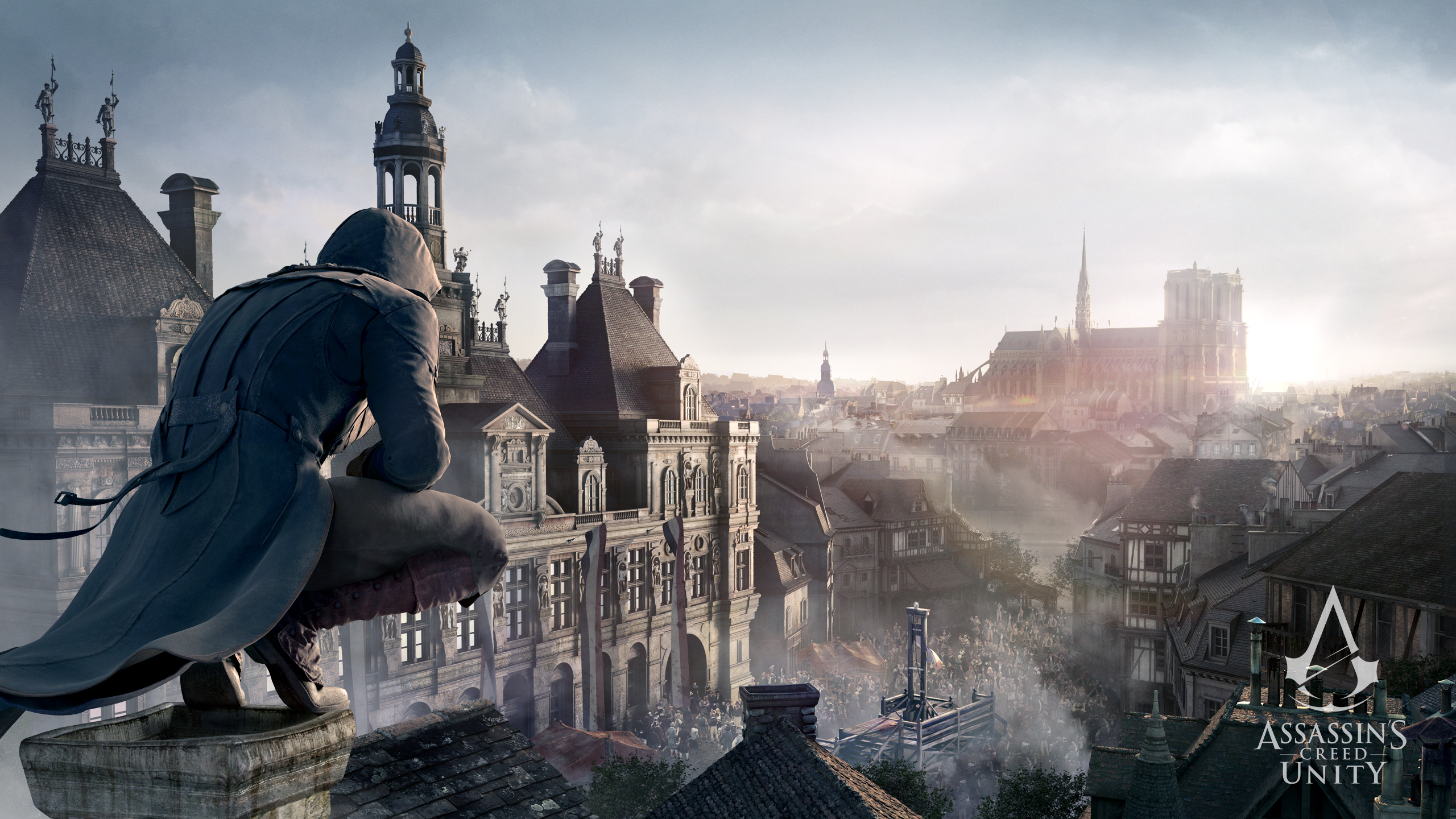 Assassin from Assassin's Creed Unity overlooking Paris HD Wallpaper