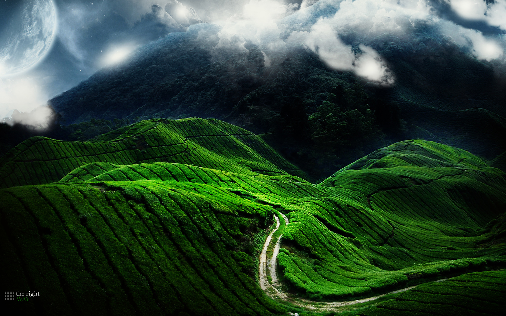 Green hills with a road and a large moon in the sky HD Wallpaper