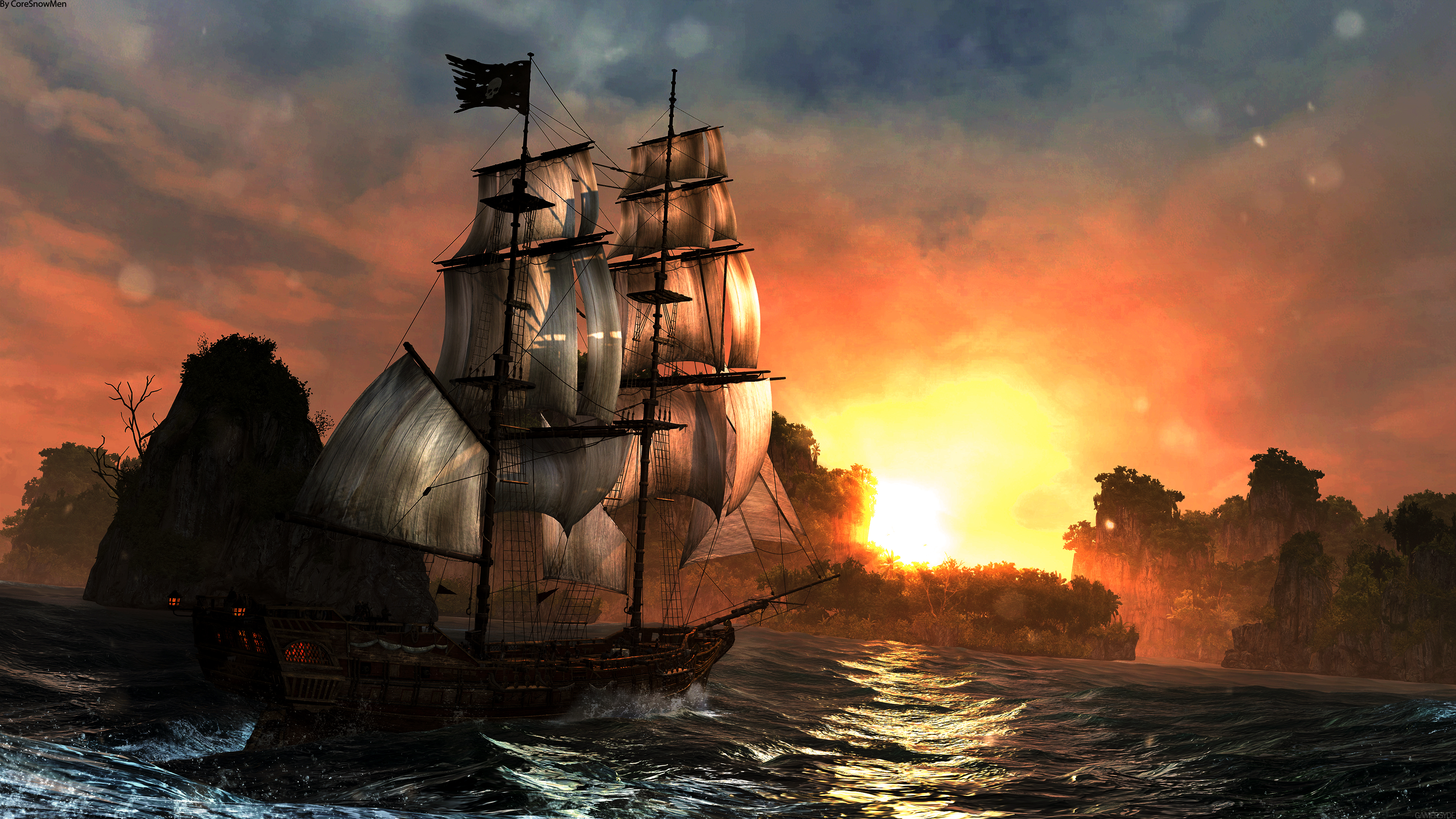 Pirate ship sailing near islands at sunset HD Wallpaper