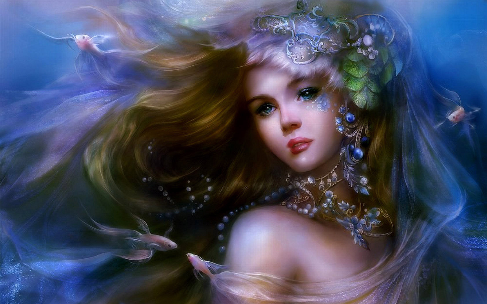 Woman with long hair and fish HD Wallpaper