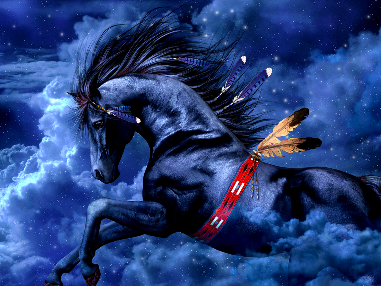 Black horse with feathers in starry night sky HD Wallpaper