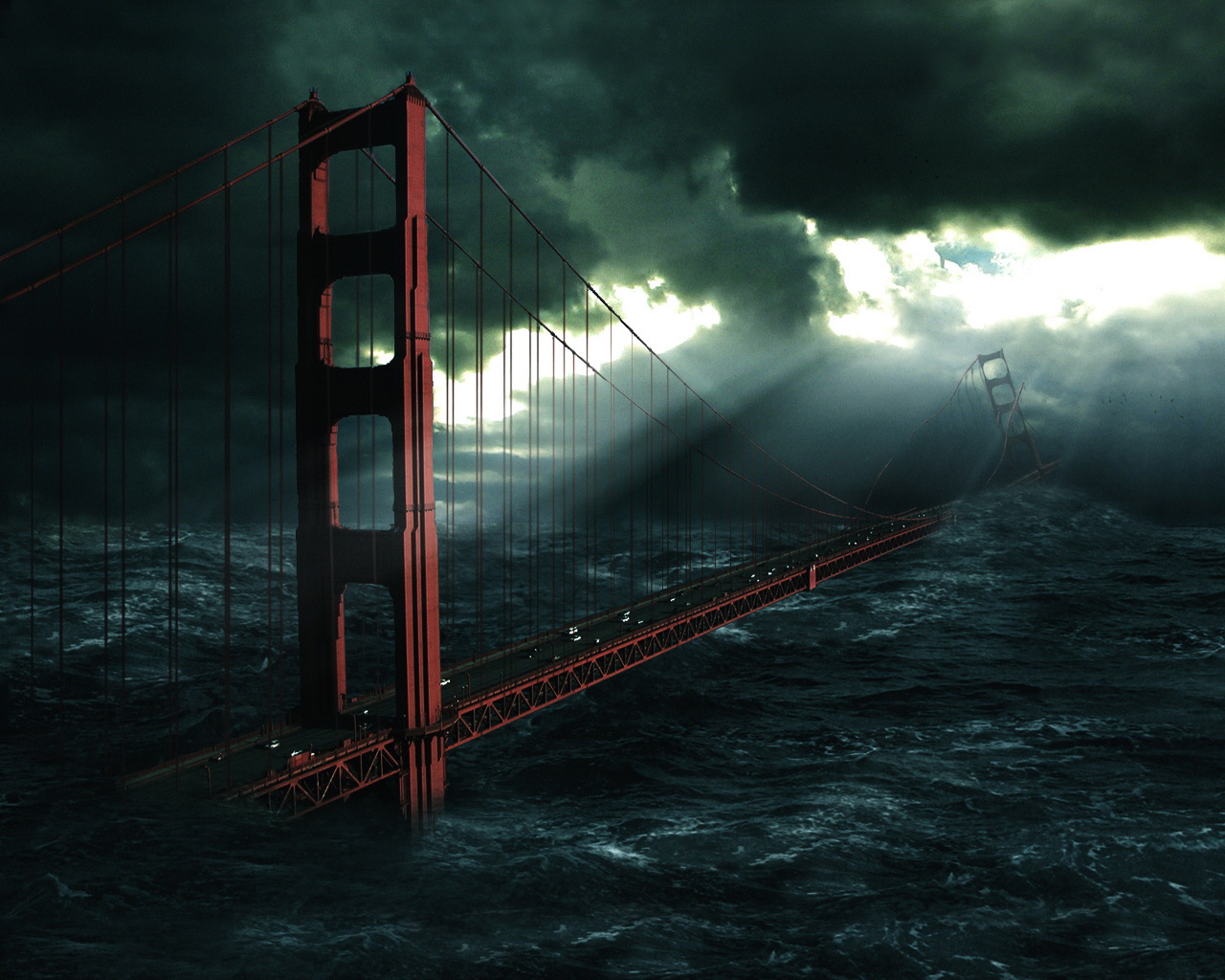 Apocalyptic Golden Gate Bridge in Stormy Seas HD Wallpaper