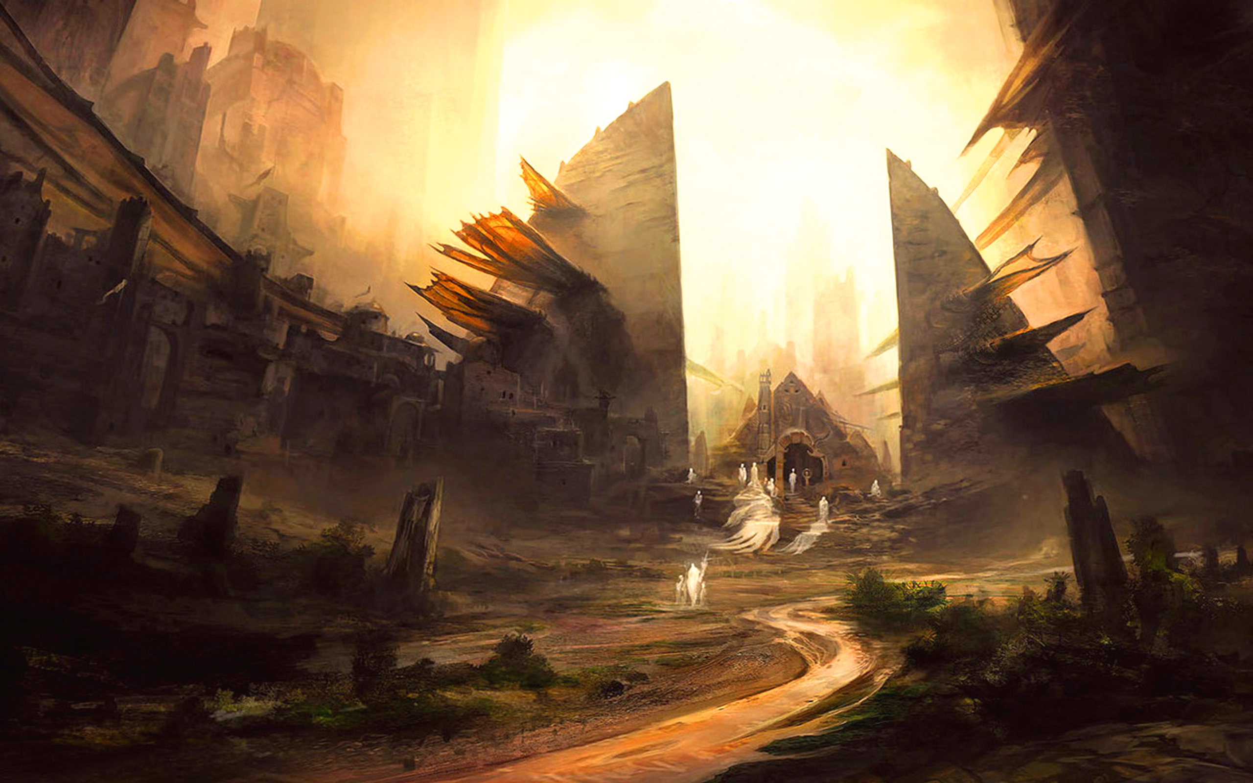 Fantasy city with ghosts and glowing light HD Wallpaper