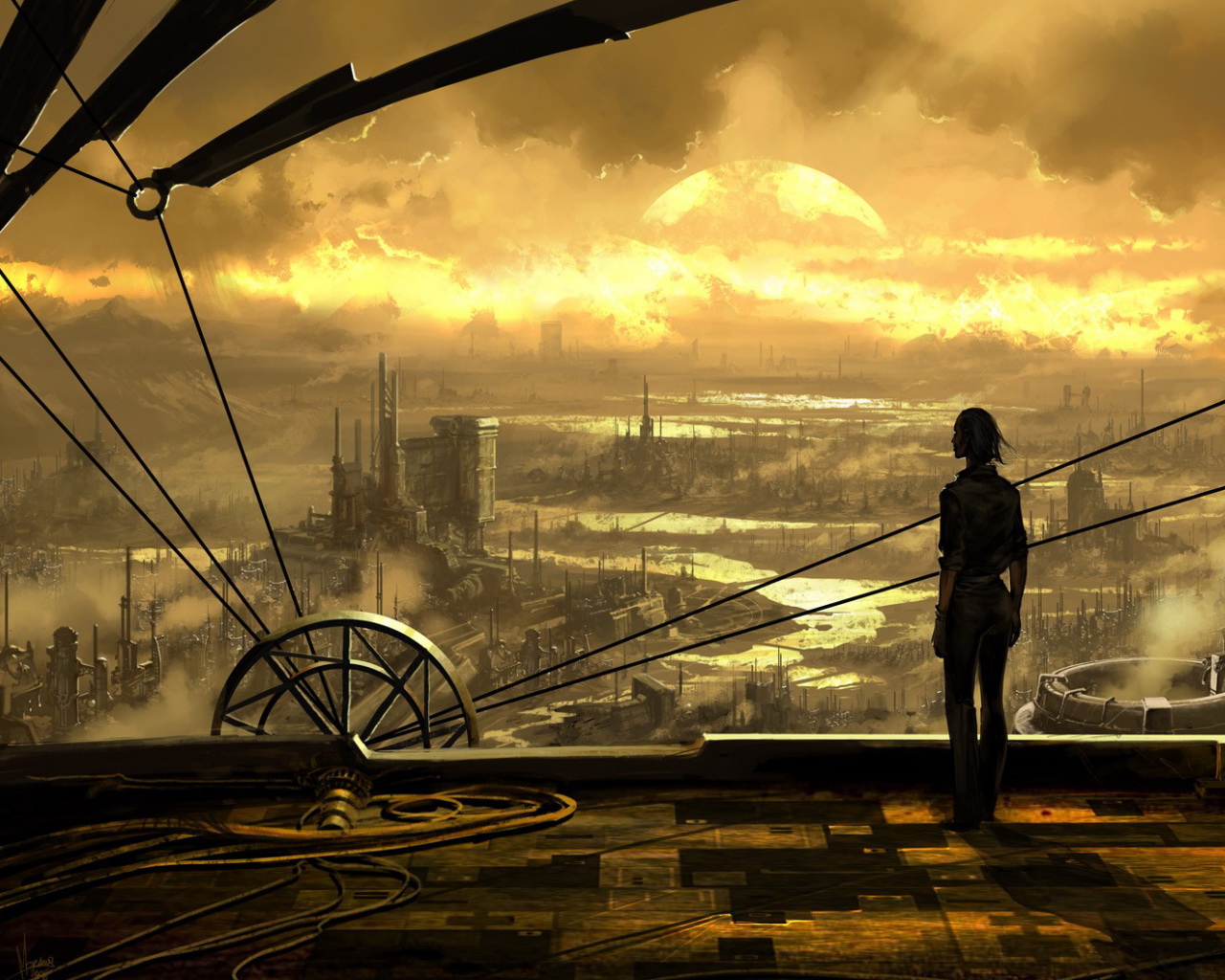 Steampunk Cityscape with a Woman Looking Out HD Wallpaper