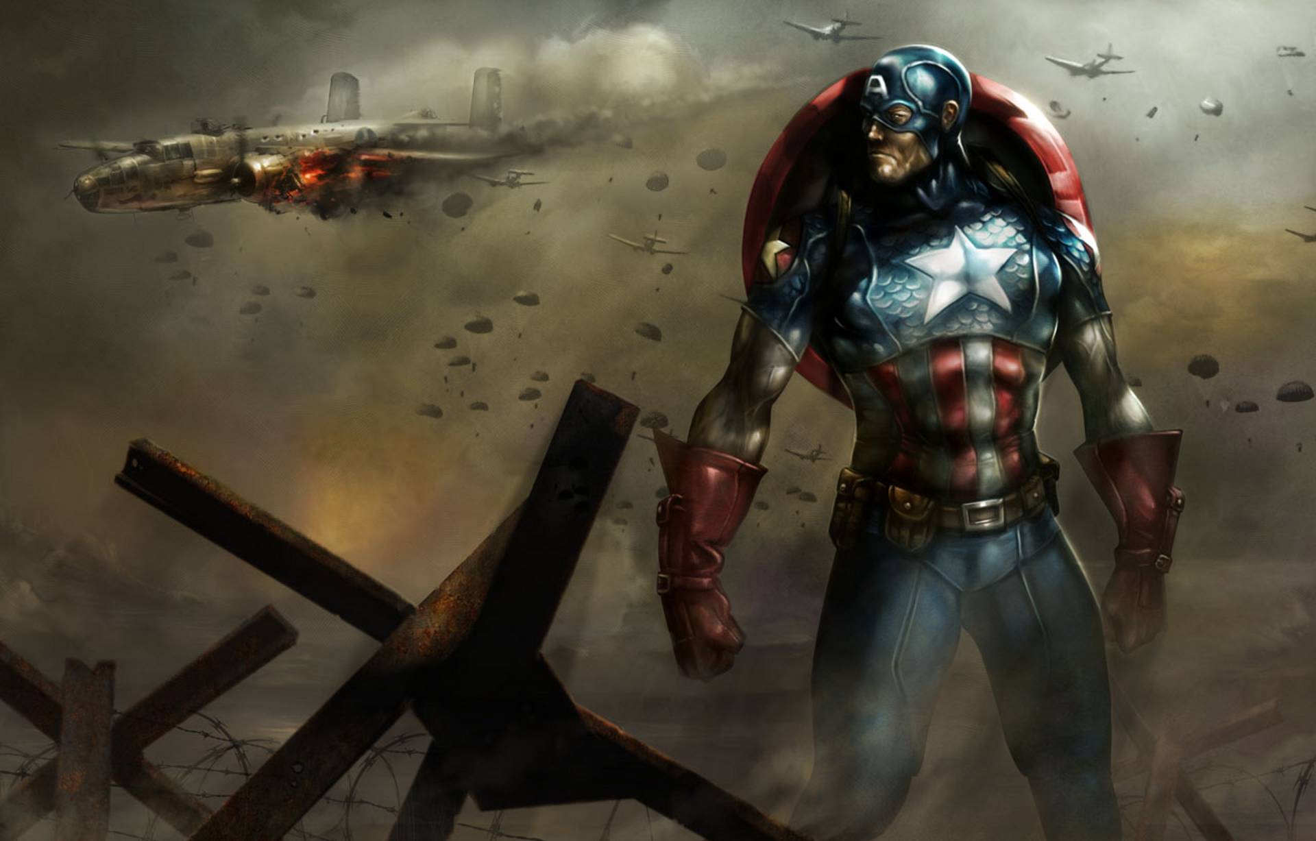 Captain America in a World War II battle scene HD Wallpaper