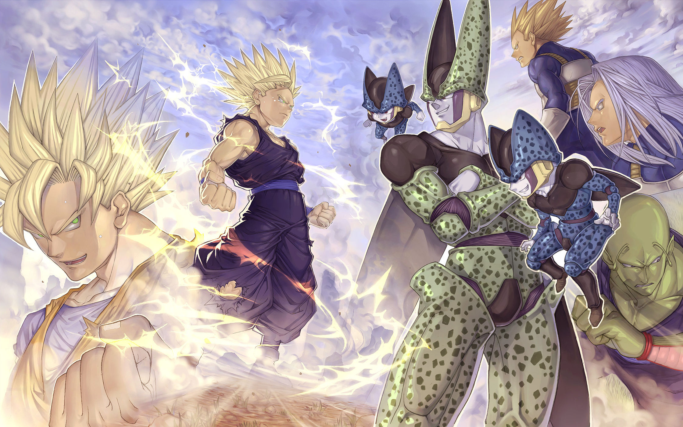 Goku, Gohan, Cell, Vegeta, Trunks, and Piccolo from Dragon Ball Z HD Wallpaper