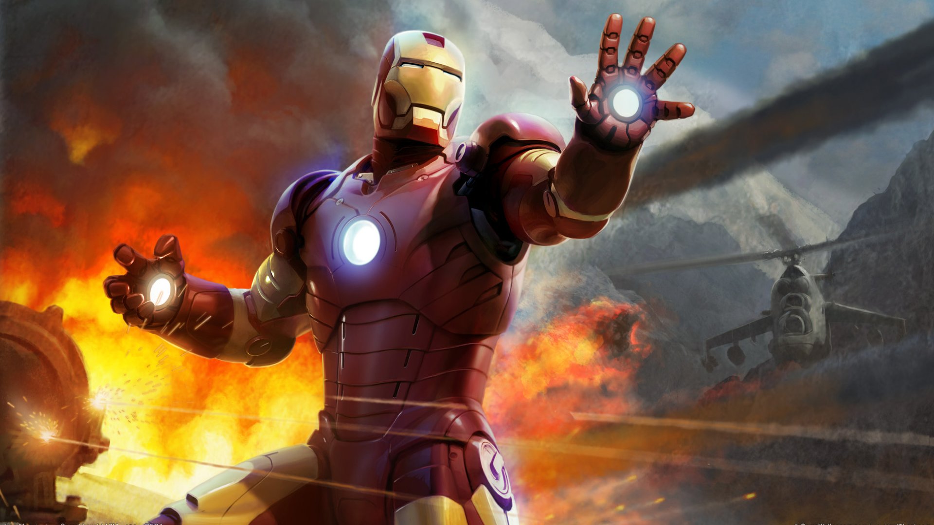 Iron Man in battle with helicopter HD Wallpaper