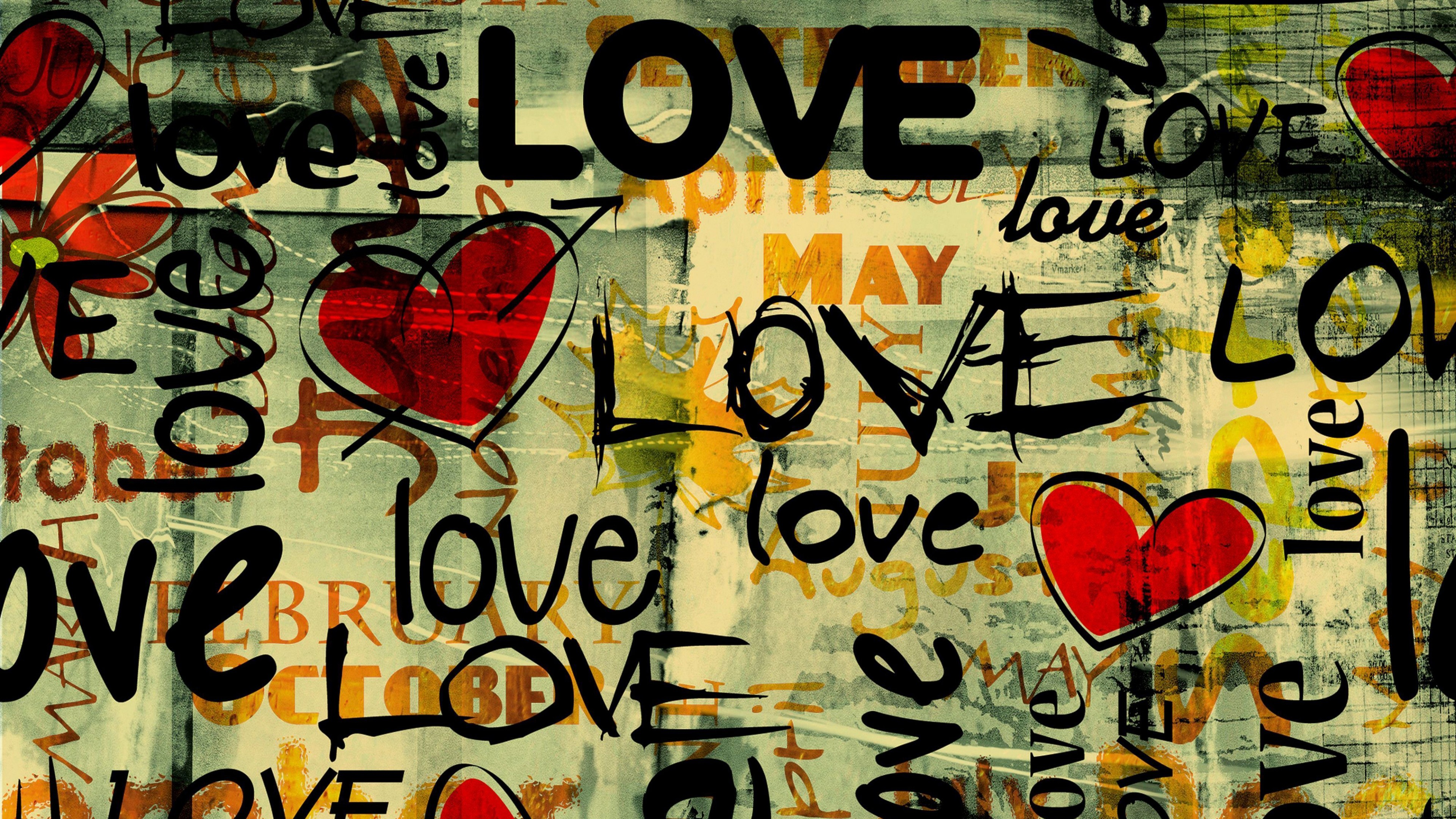 Abstract Love Hearts and Text Collage HD Wallpaper