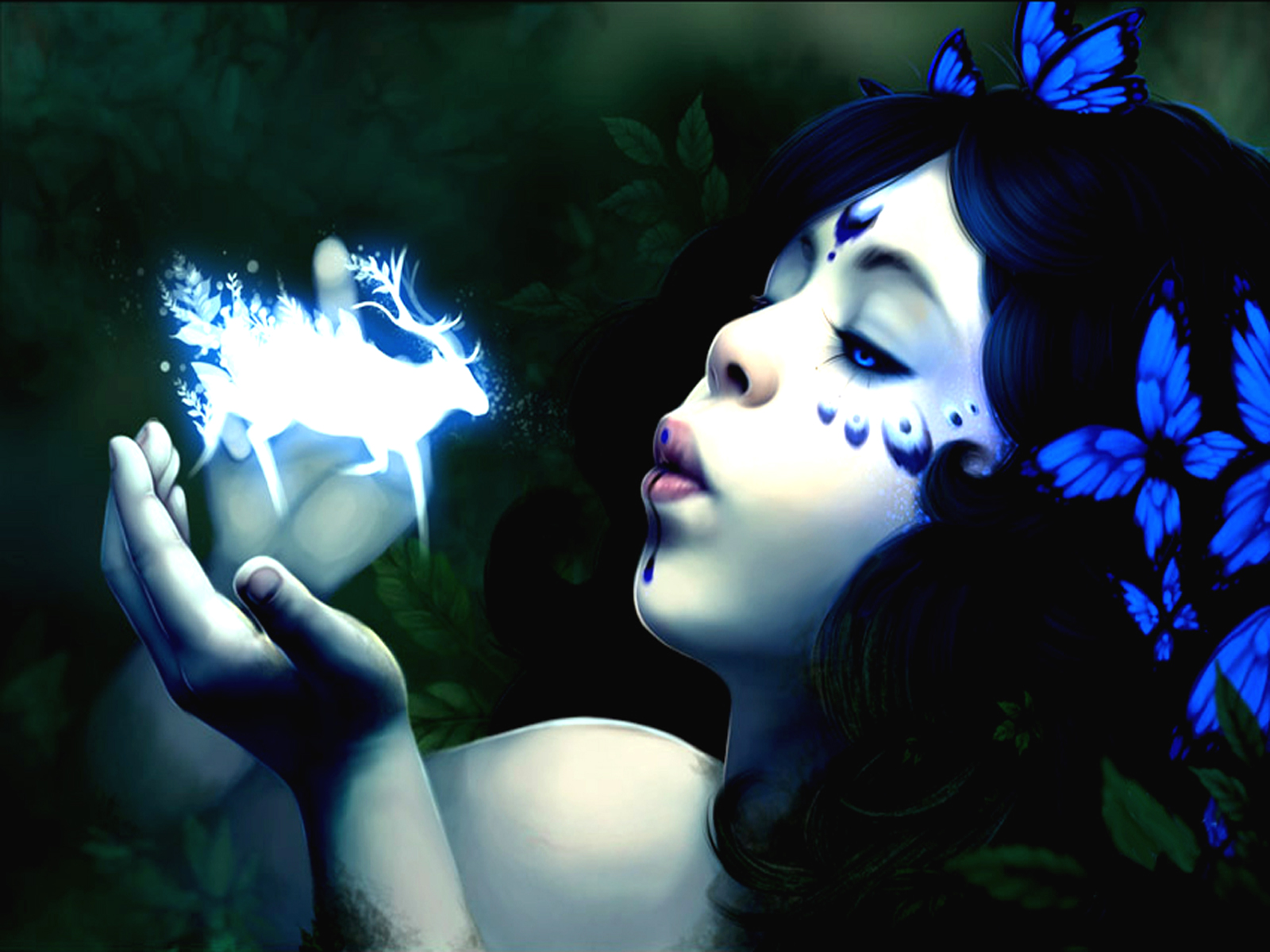 Woman holding a glowing deer spirit HD Wallpaper