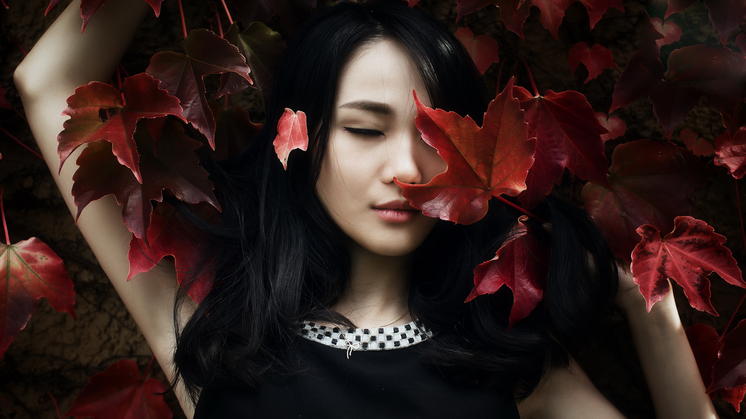 Asian woman lying down with red leaves HD Wallpaper