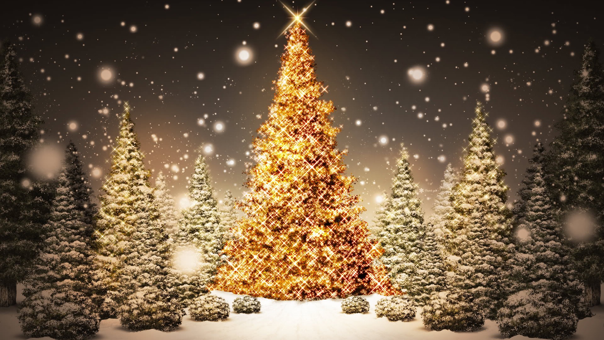 Golden Christmas Tree in Snowy Forest HD Wallpaper