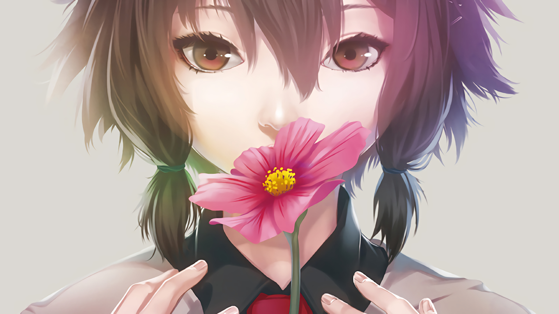 Girl with brown hair holding a pink flower HD Wallpaper