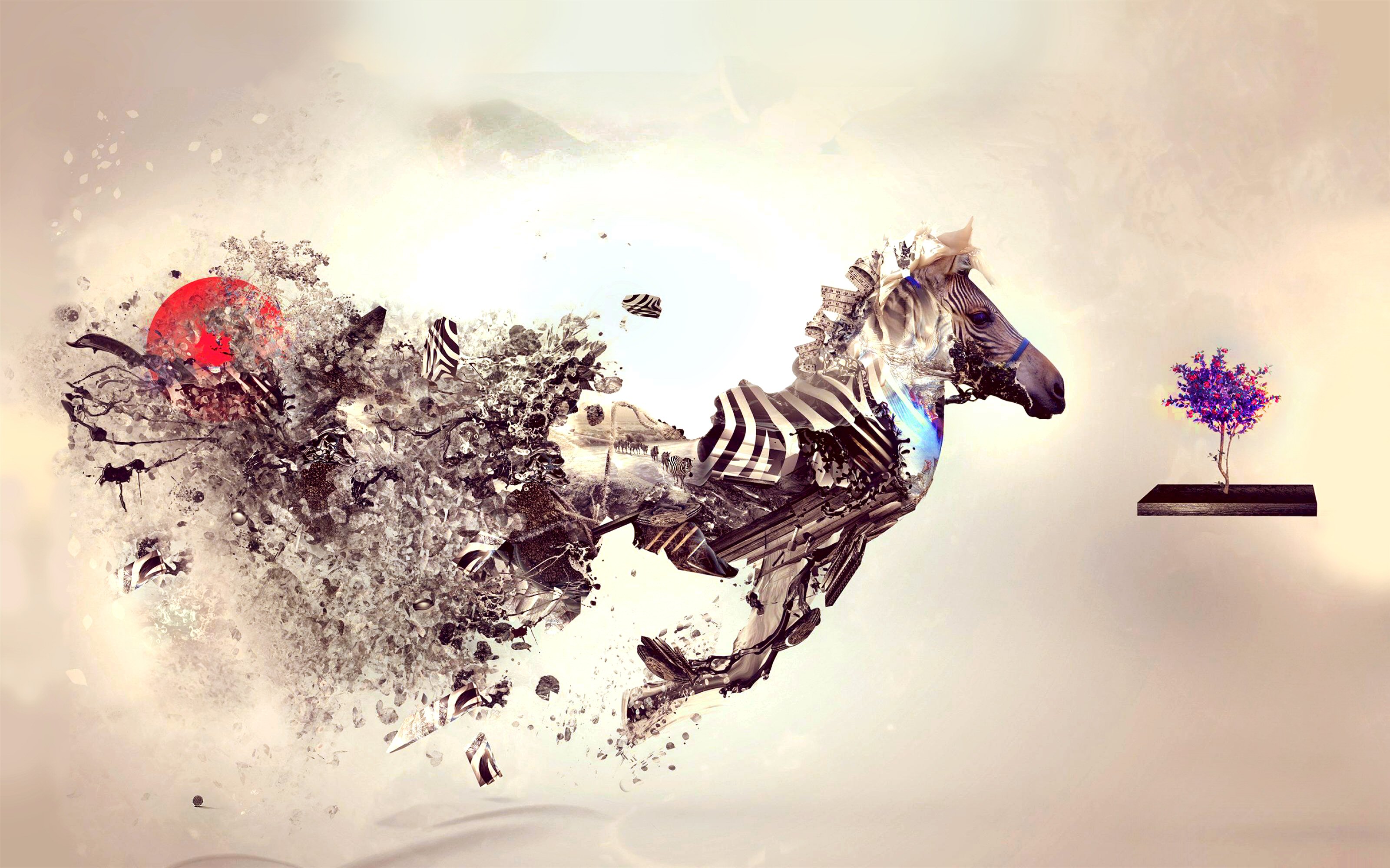 Artistic zebra dissolving into abstract elements with a red sun and a bonsai tree HD Wallpaper