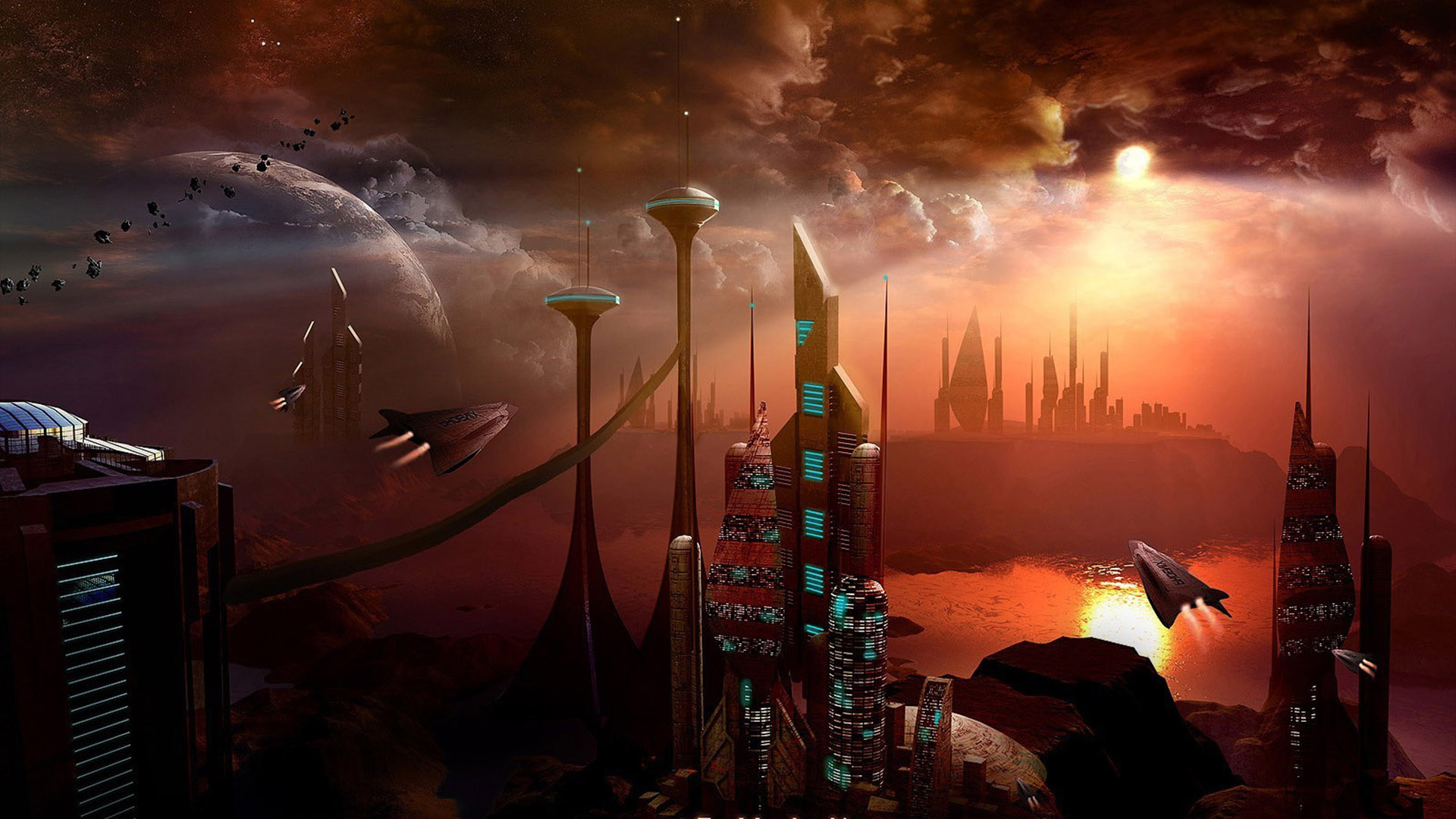 Sci-fi city with spaceships and alien planet HD Wallpaper