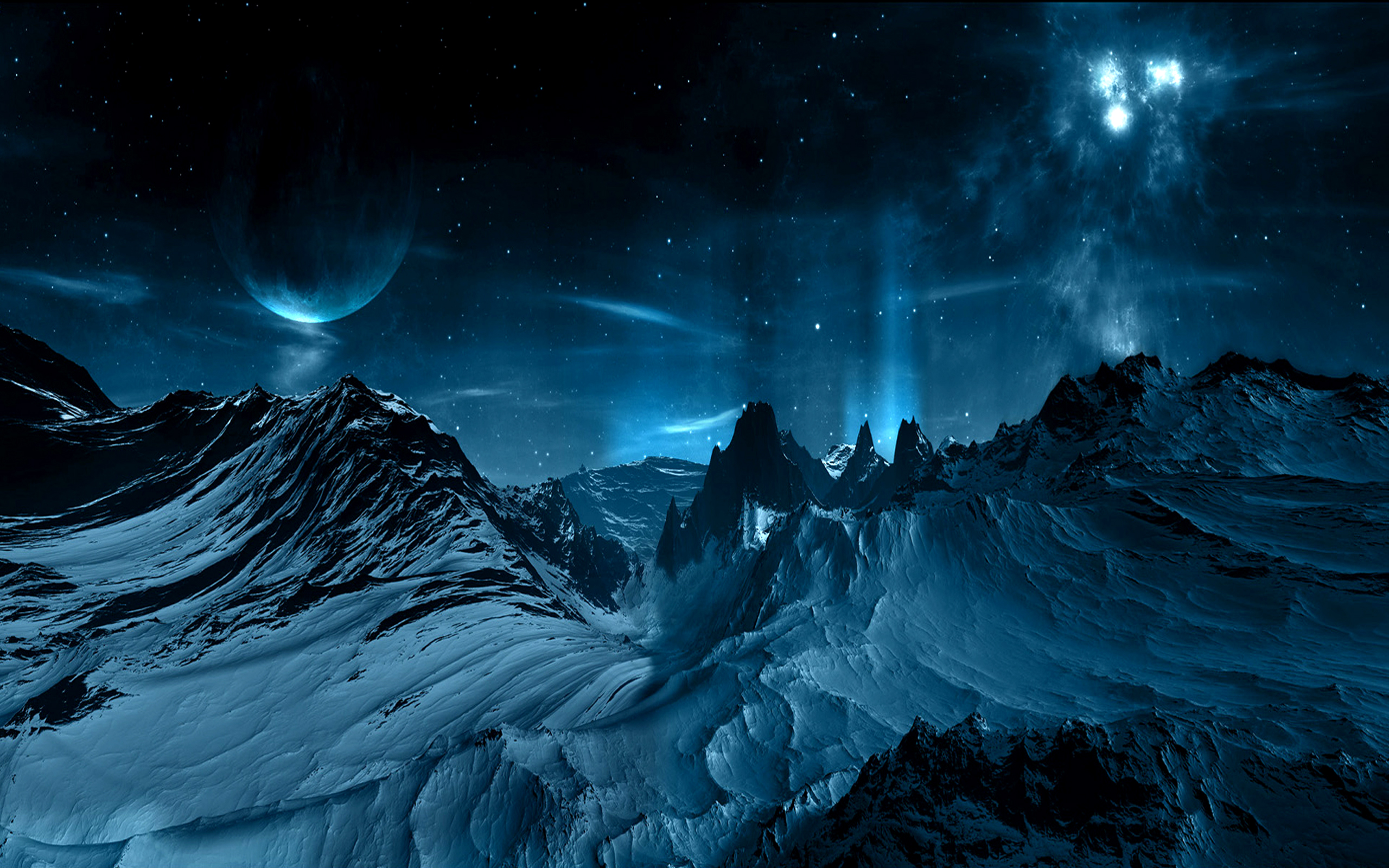 Alien planet landscape with moon and nebulae HD Wallpaper