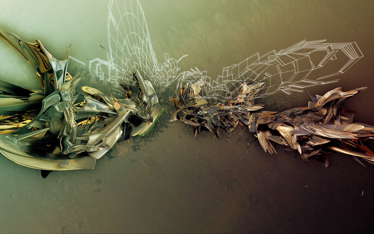 Abstract 3D render with metallic and wireframe elements HD Wallpaper