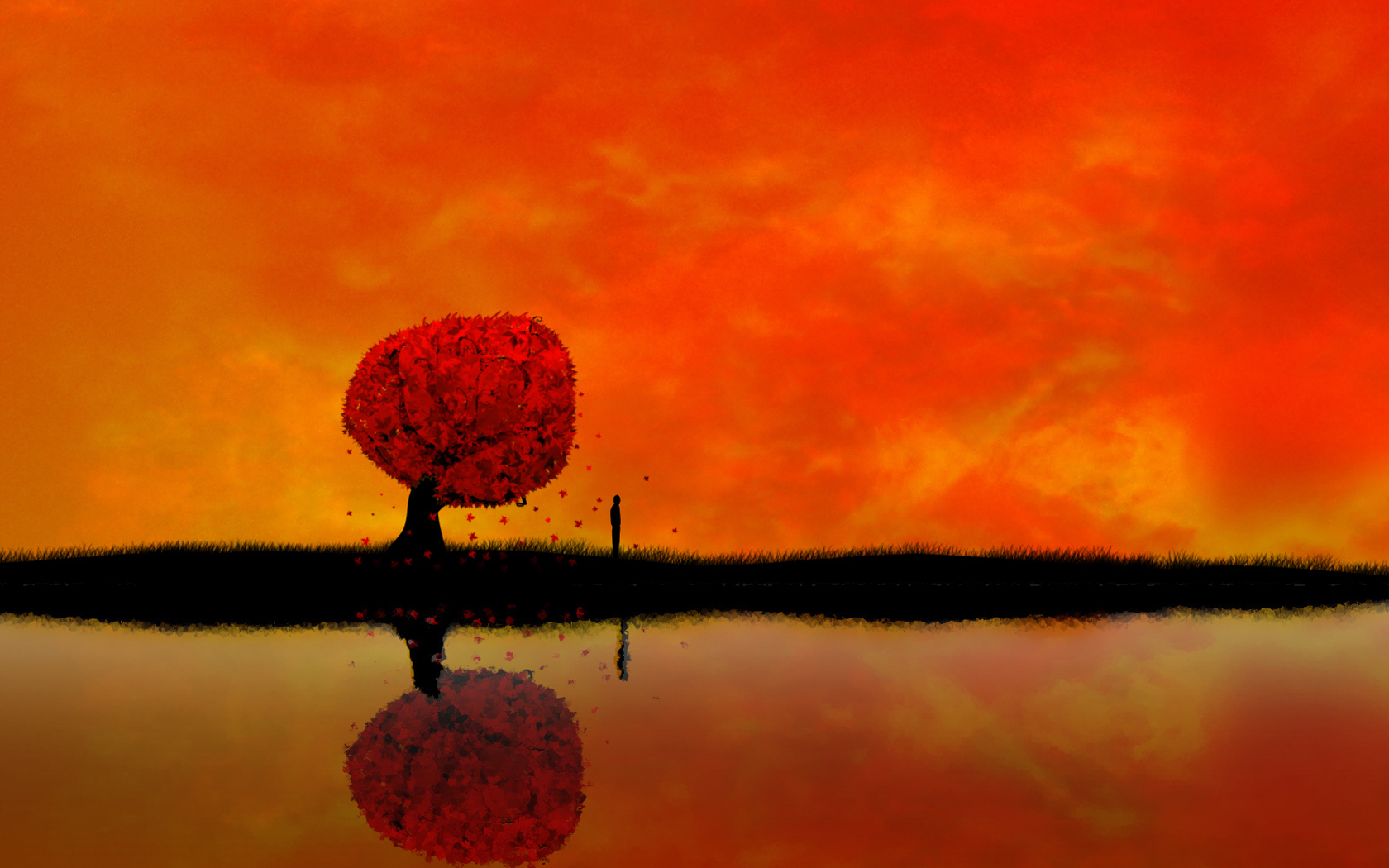 Silhouette of a person and a tree by a lake HD Wallpaper
