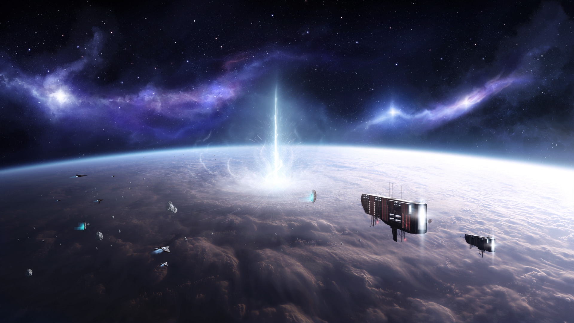 Spaceships orbiting a planet with a bright energy beam HD Wallpaper