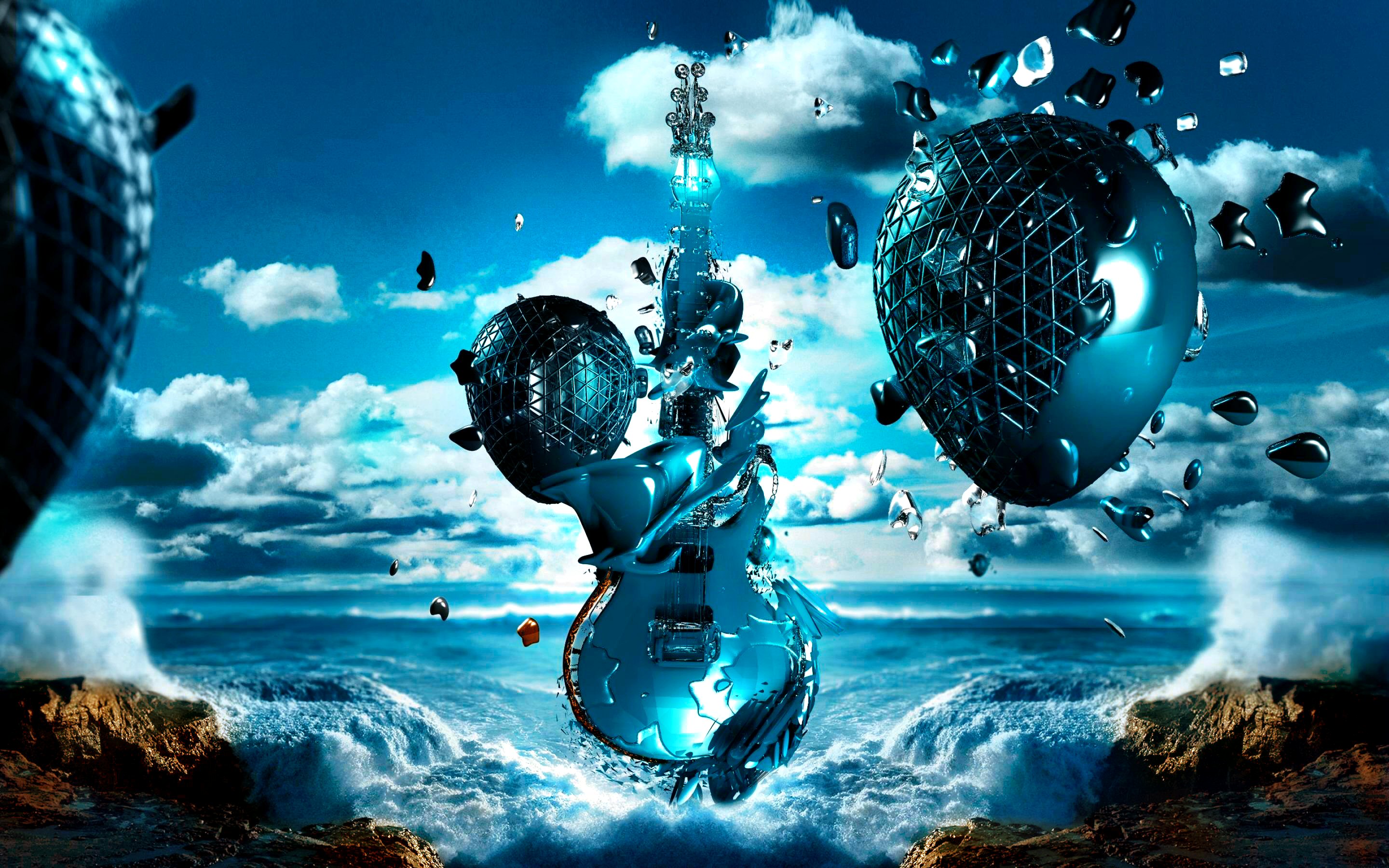 Abstract Blue Guitar Exploding Over Ocean HD Wallpaper
