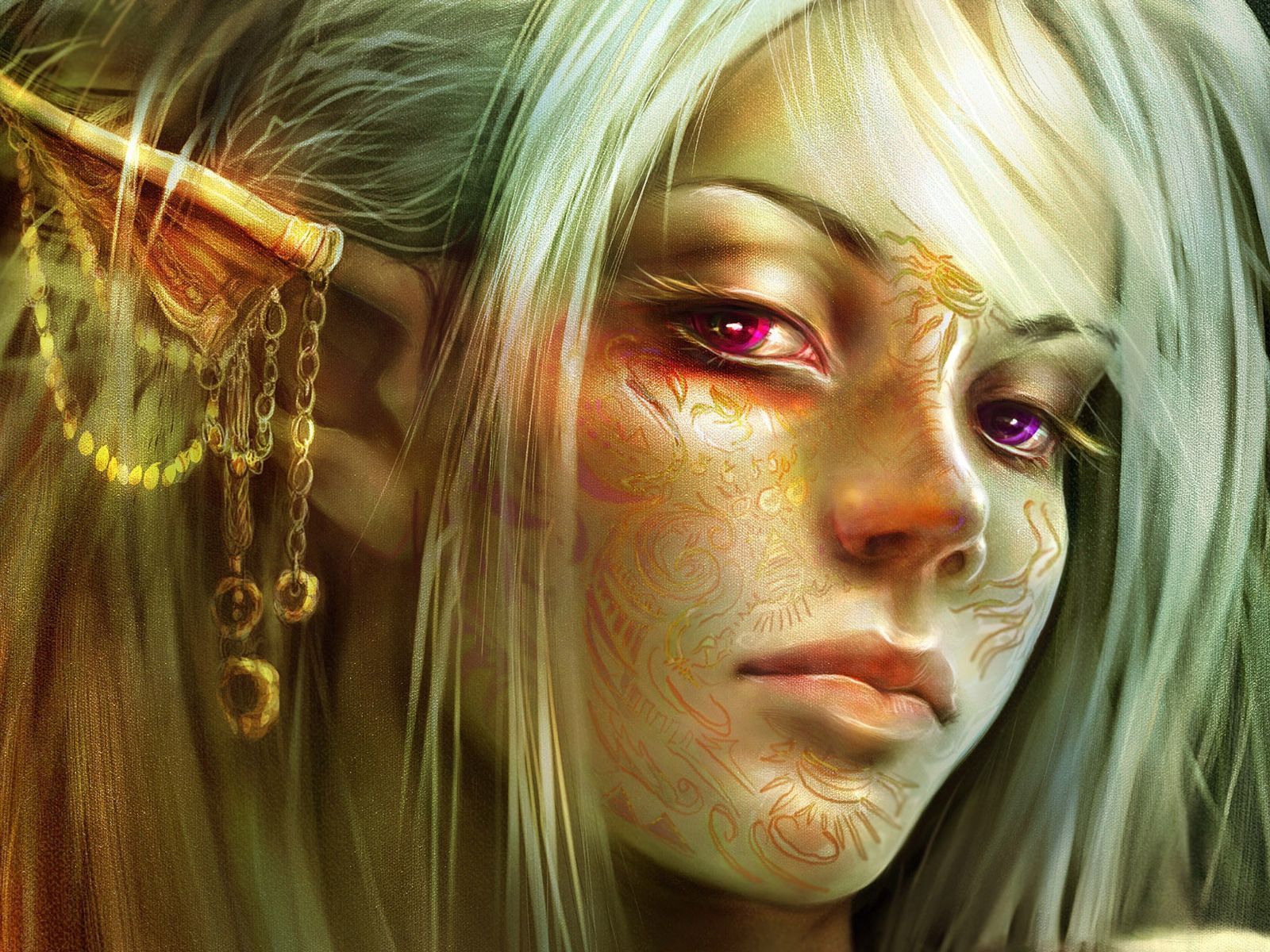 Elf with ornate face markings and jewelry HD Wallpaper