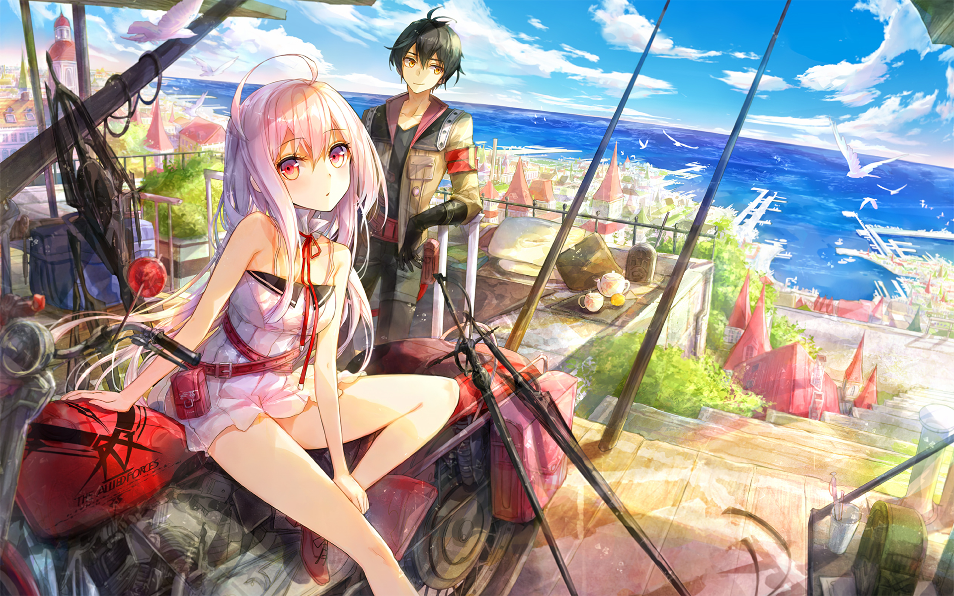 Anime girl and boy with motorcycle overlooking city and ocean HD Wallpaper