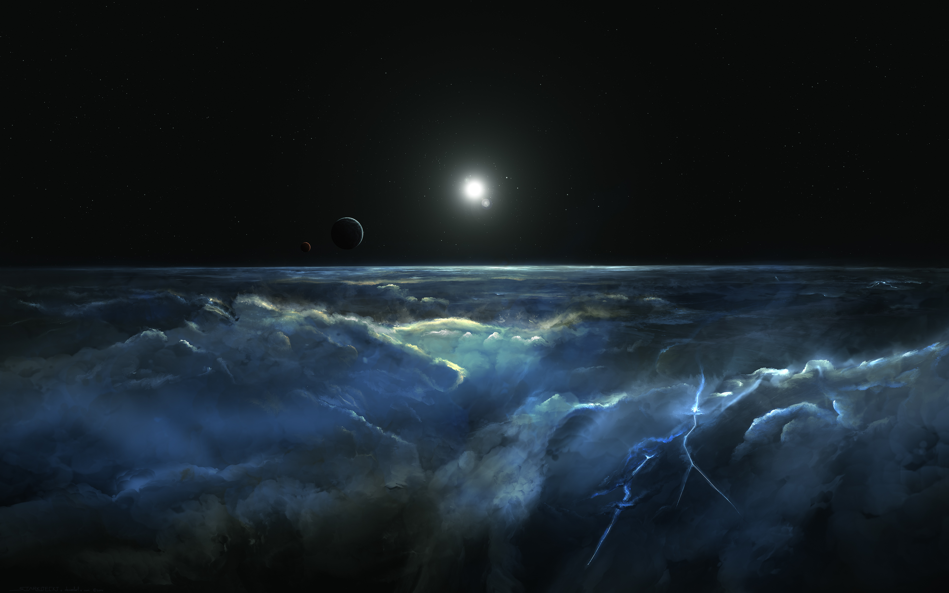 Planets and stars over a stormy atmosphere HD Wallpaper