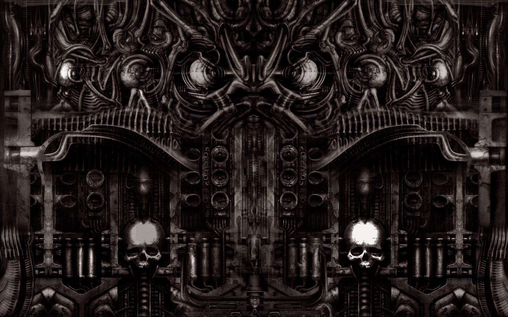 Dark biomechanical art with skulls HD Wallpaper