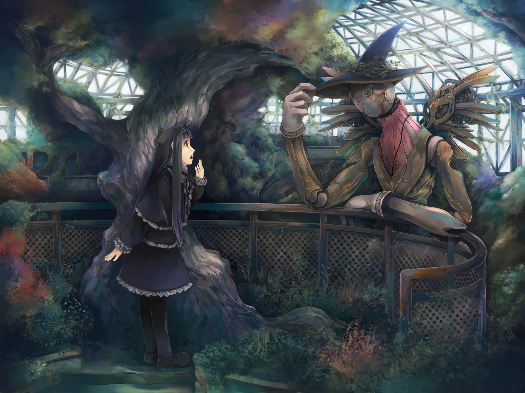 Girl and automaton in a greenhouse HD Wallpaper