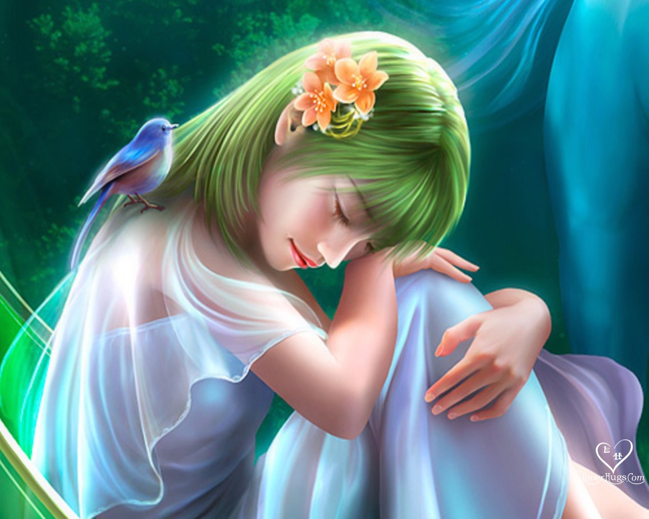 Girl with green hair and a bird HD Wallpaper