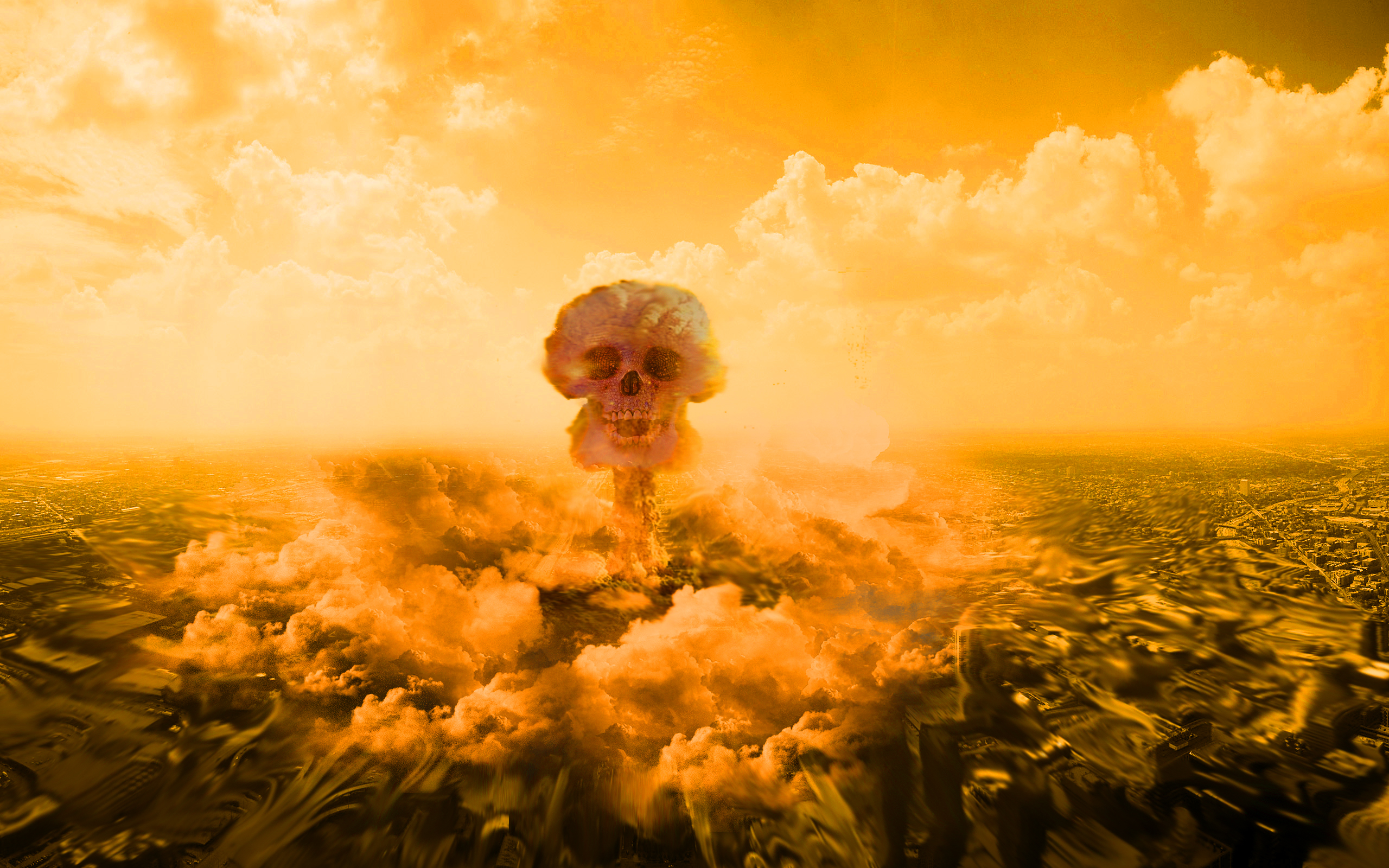 Nuclear explosion with skull mushroom cloud over city HD Wallpaper