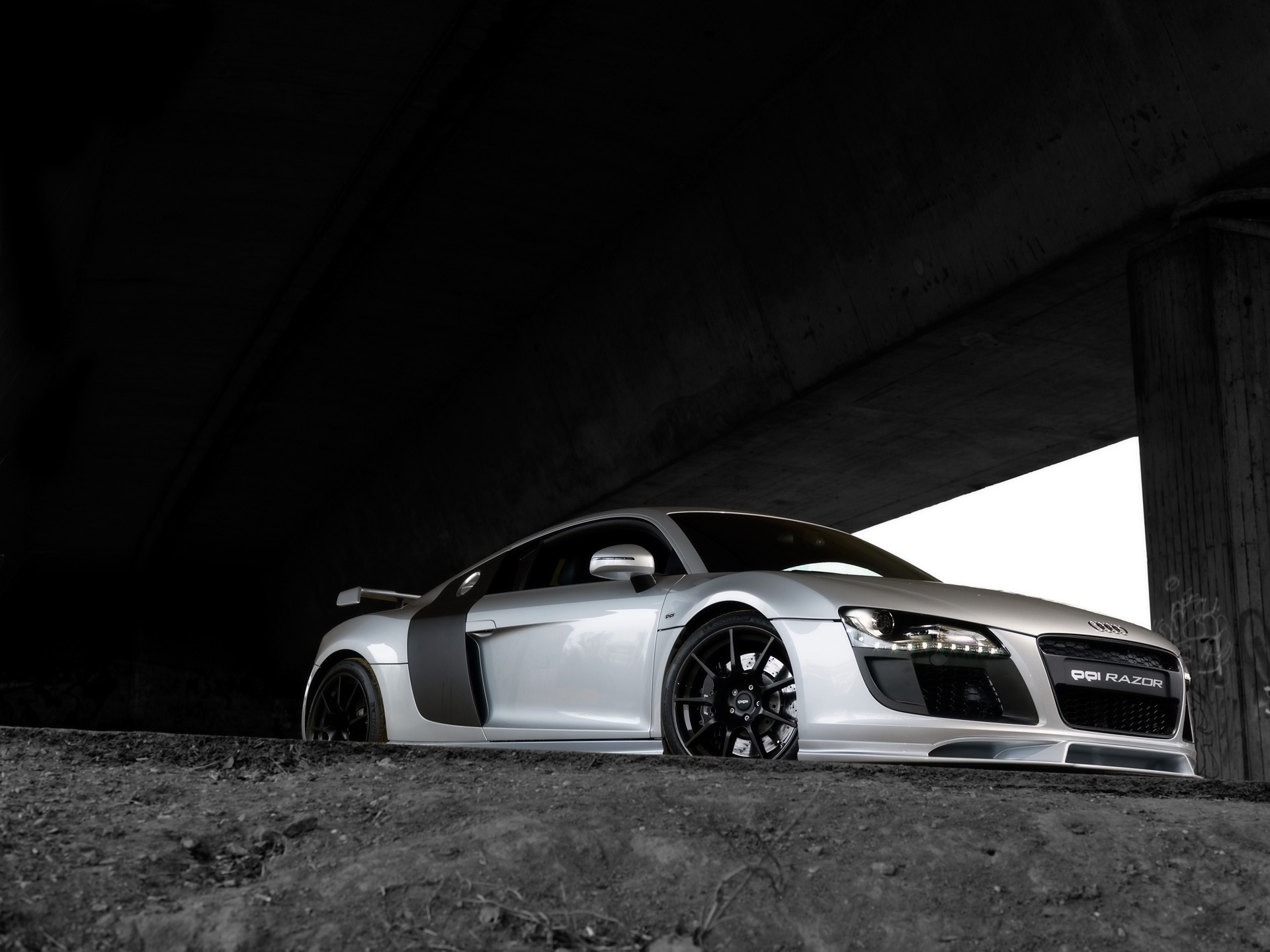 Silver Audi R8 parked under a bridge HD Wallpaper