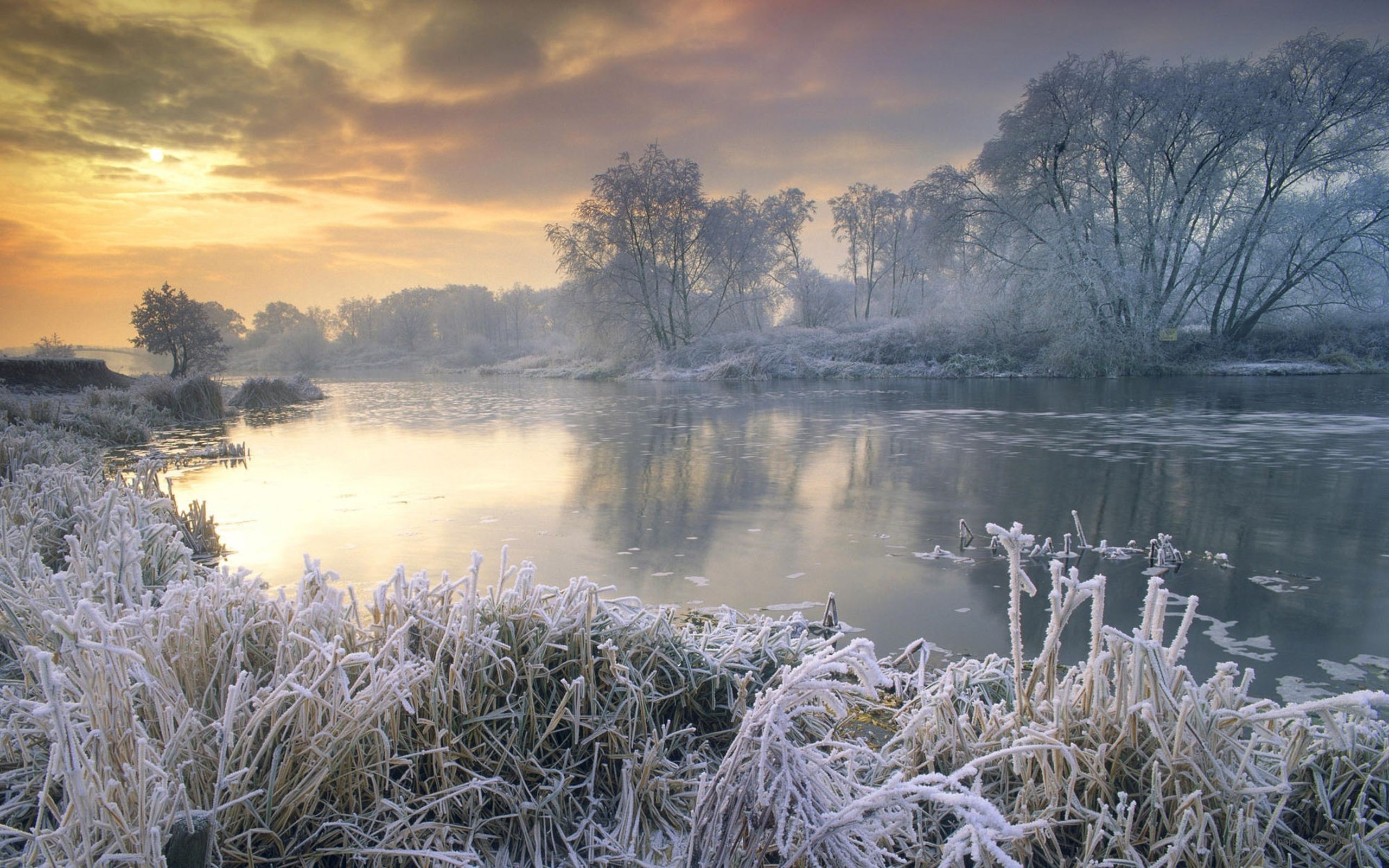 Winter sunrise over a frozen lake in England HD Wallpaper